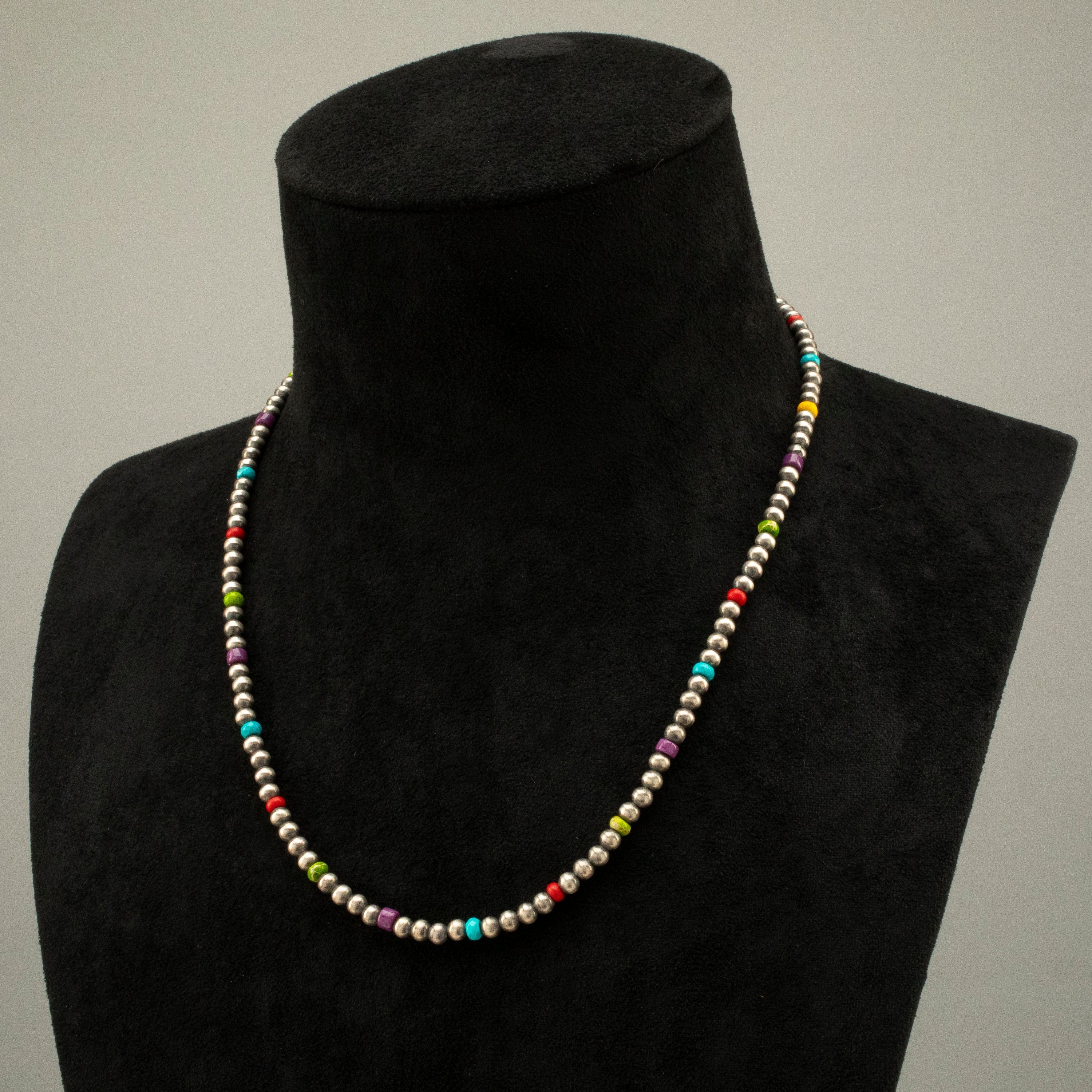 Kalifano Native American Jewelry 16" Single Strand 4mm Navajo Pearl & Multi Gem USA Native American Made 925 Sterling Silver Necklace NAN500.011