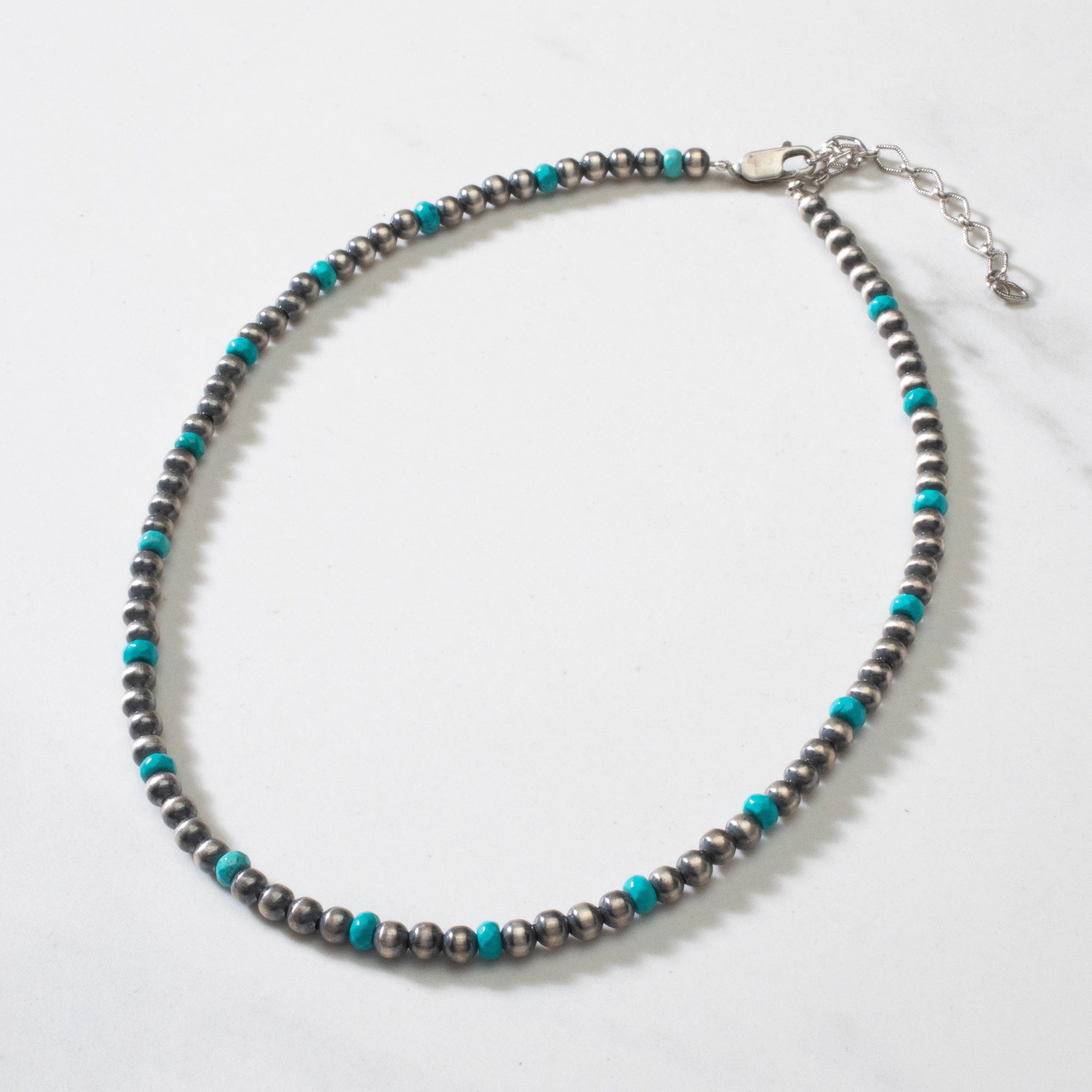 Kalifano Native American Jewelry 16" Single Strand 4mm Navajo Pearl & Turquoise USA Native American Made 925 Sterling Silver Necklace NAN450.012