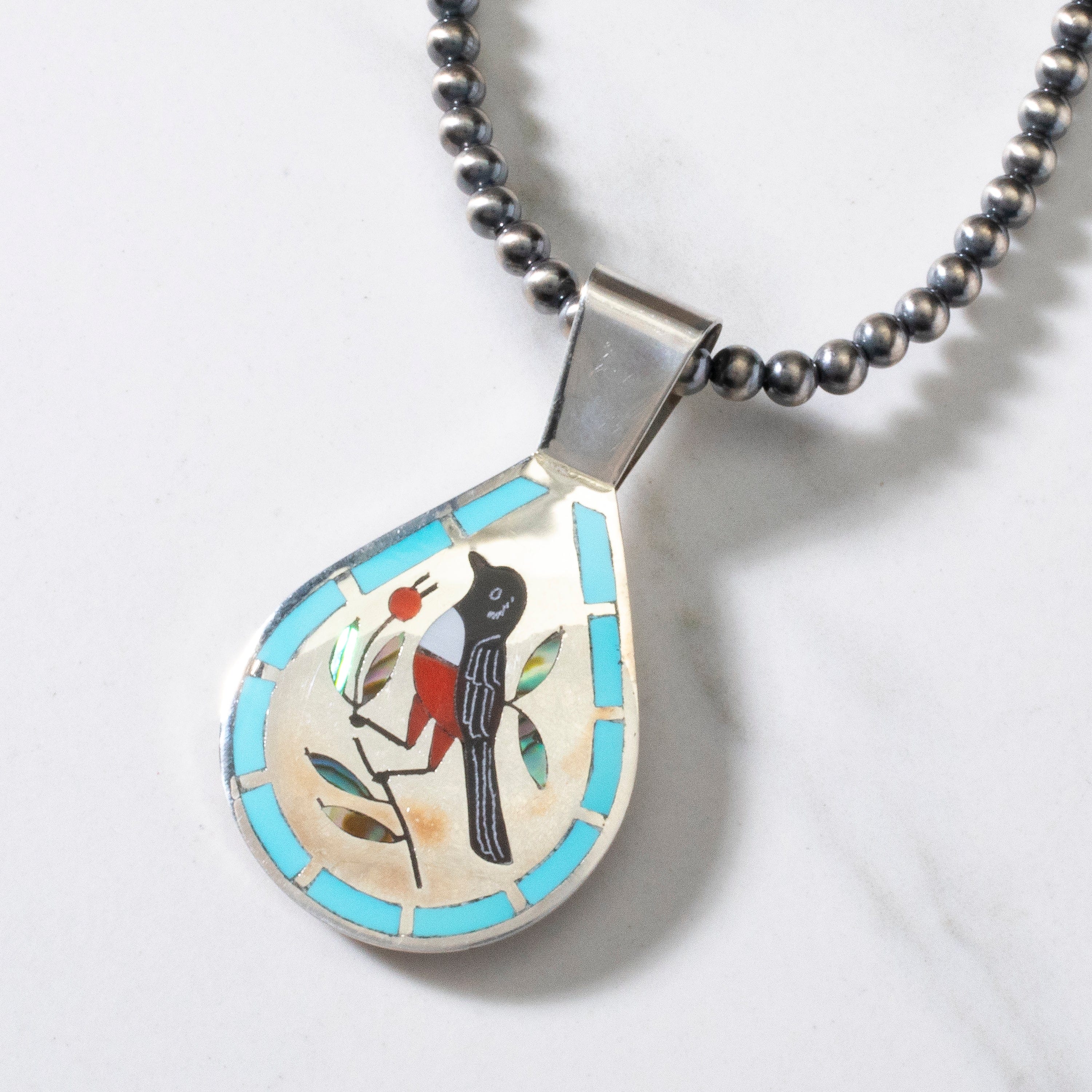 Kalifano Native American Jewelry 18" Dennis & Nancy Edaakie Mutli Gem Bird Zuni Inlay Pendant with 4mm Navajo Pearl Necklace USA Native American Made 925 Sterling Silver NAN1500.008