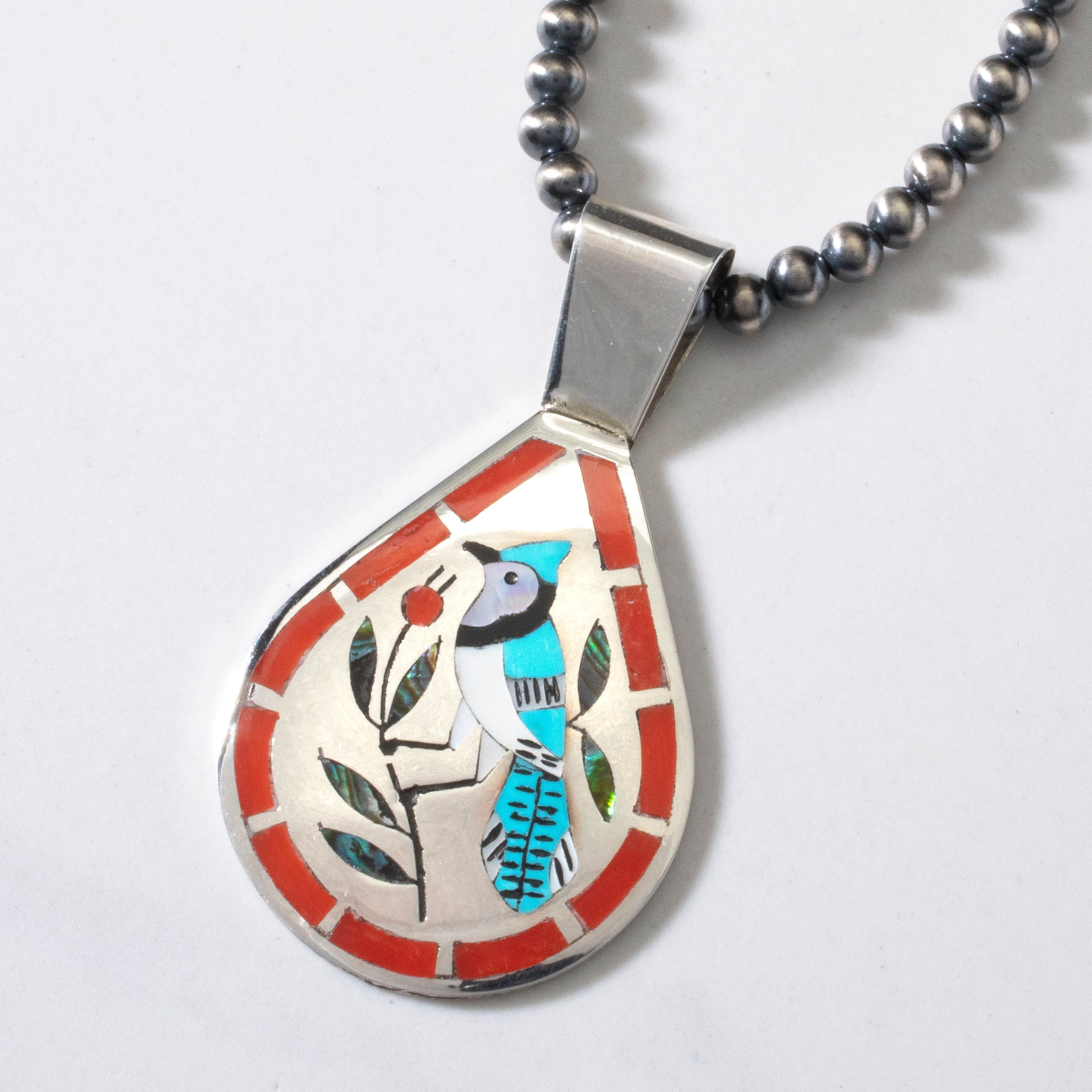 Kalifano Native American Jewelry 18" Dennis & Nancy Edaakie Mutli Gem Blue Jay Zuni Inlay Pendant with 4mm Navajo Pearl Necklace USA Native American Made 925 Sterling Silver NAN1500.014