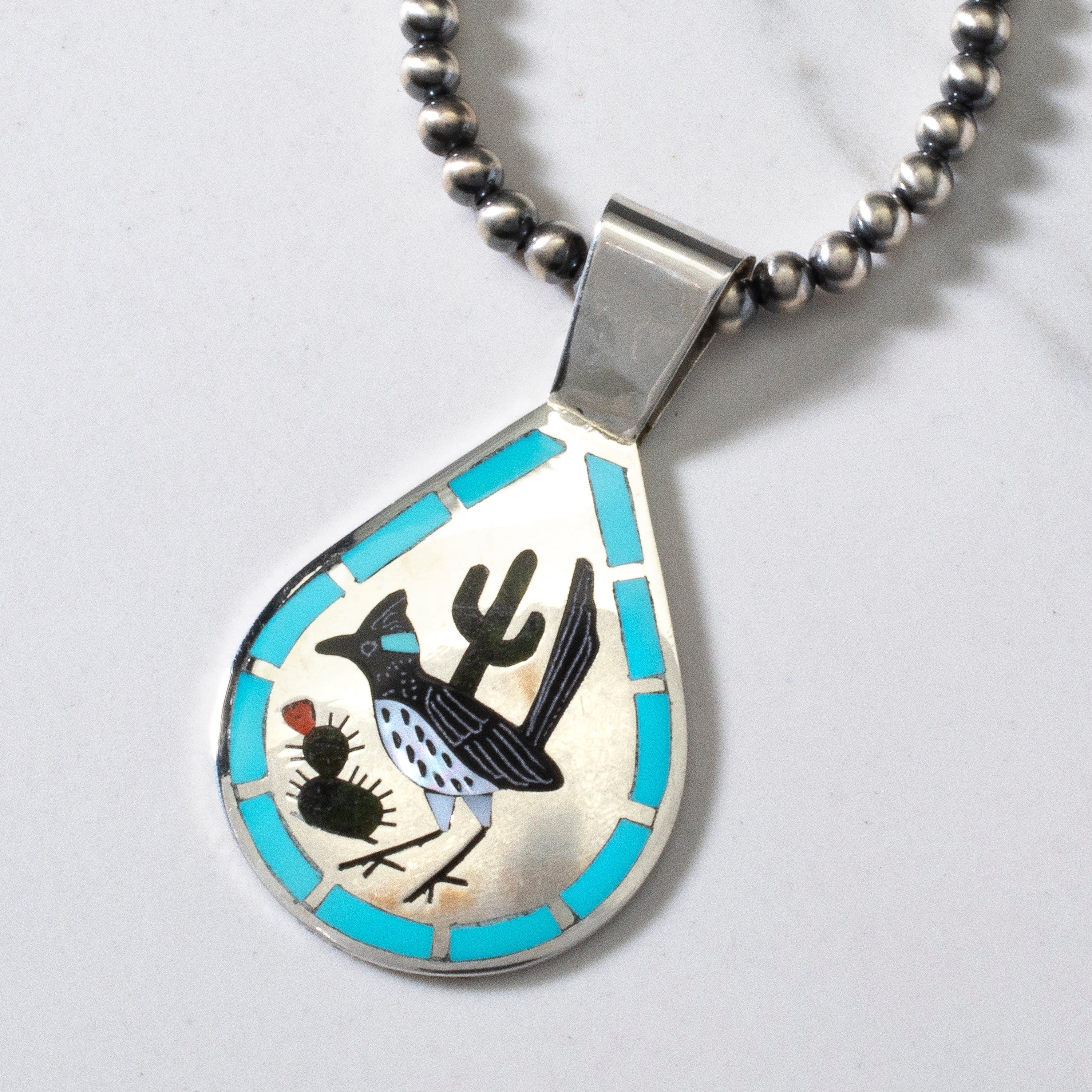 Kalifano Native American Jewelry 18" Dennis & Nancy Edaakie Mutli Gem Road Runner Zuni Inlay Pendant with 4mm Navajo Pearl Necklace USA Native American Made 925 Sterling Silver NAN1500.012