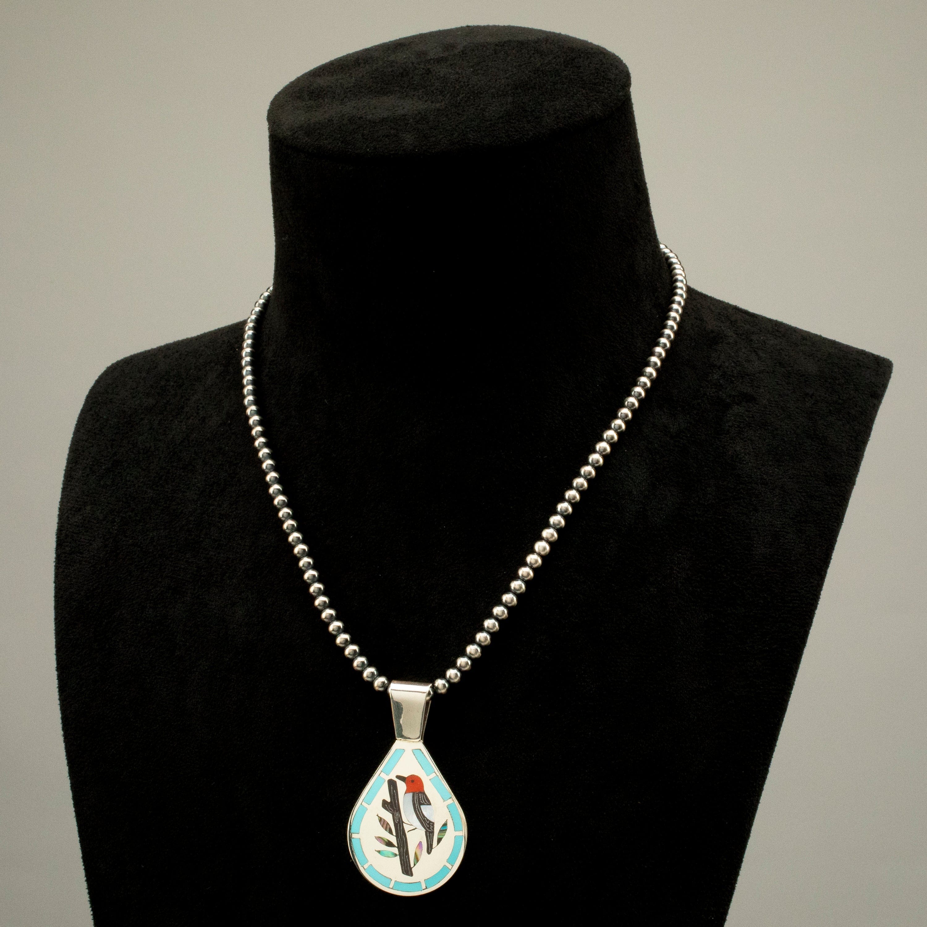 Kalifano Native American Jewelry 18" Dennis & Nancy Edaakie Mutli Gem Woodpecker Zuni Inlay Pendant with 4mm Navajo Pearl Necklace USA Native American Made 925 Sterling Silver NAN1500.010