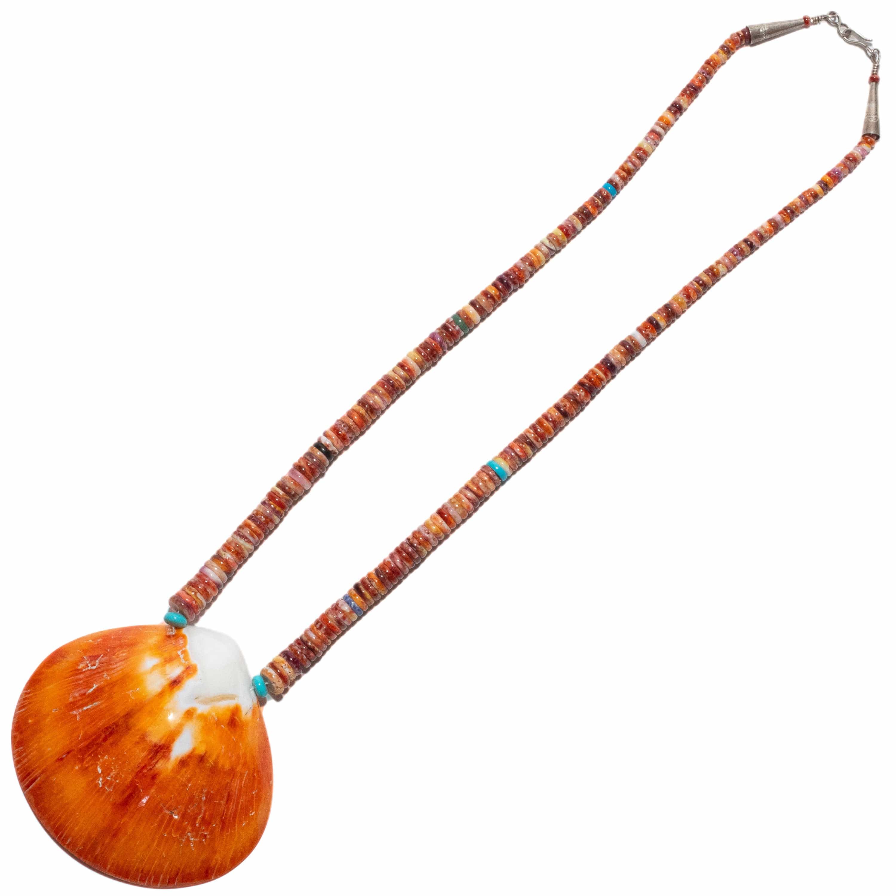 Kalifano Native American Jewelry 26" Orange Spiny Oyster Shell & Turquoise USA Native American Made 925 Sterling Silver Heishi Bead Necklace NAN1200.022