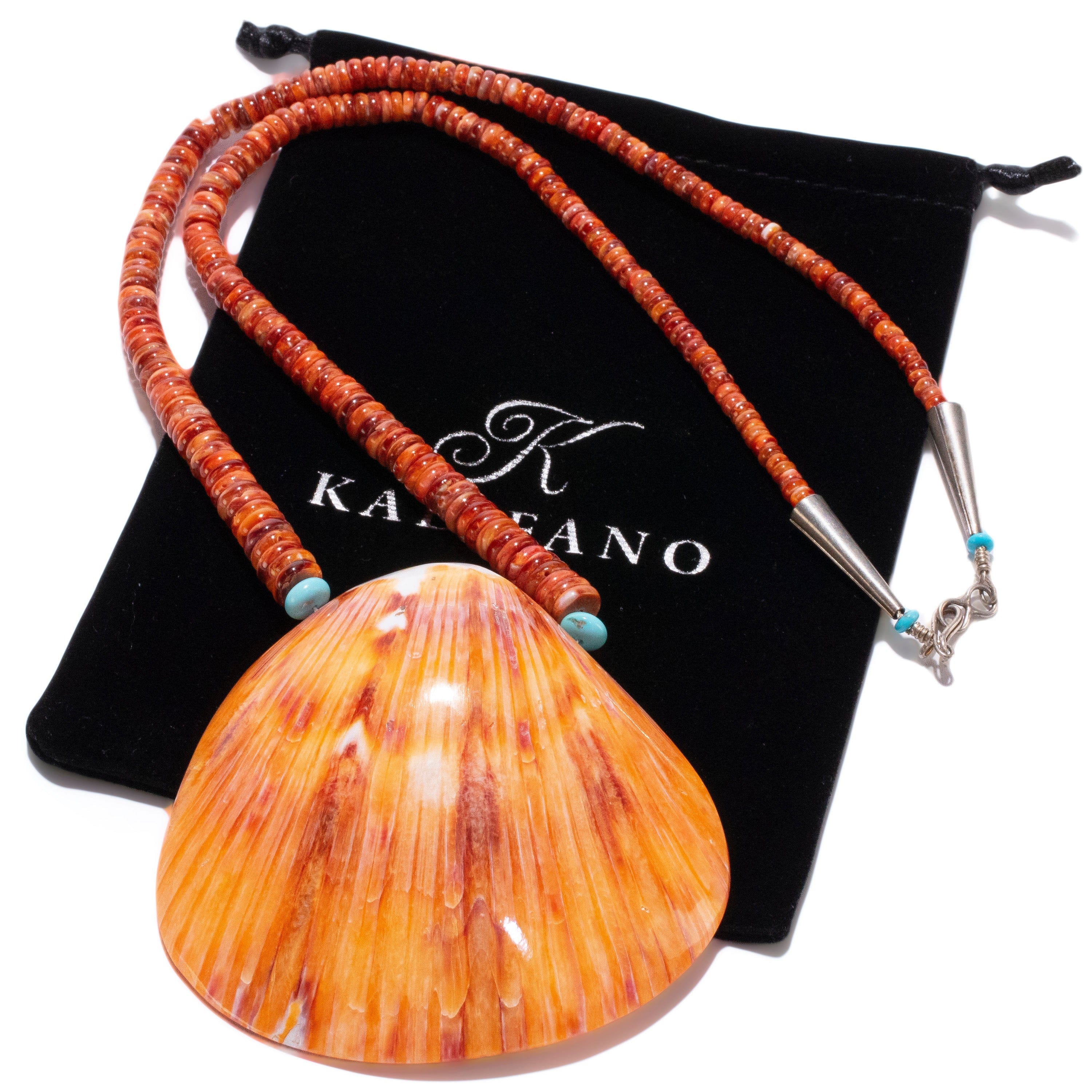 Kalifano Native American Jewelry 27" Orange Spiny Oyster Shell & Turquoise USA Native American Made 925 Sterling Silver Heishi Bead Necklace NAN1200.024