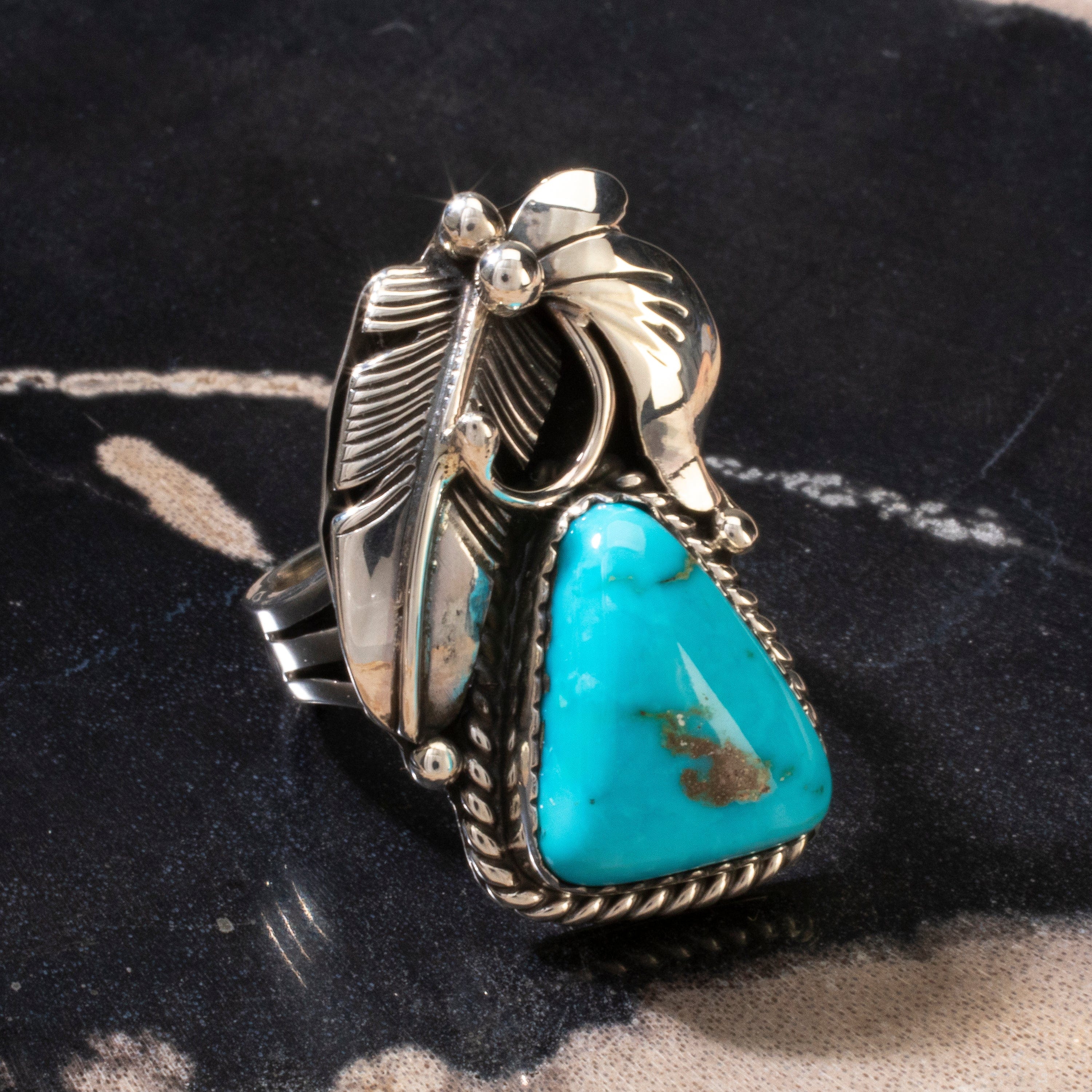 Kalifano Native American Jewelry 6 Joe Piaso Jr. Sleeping Beauty Turquoise Feather Navajo USA Native American Made 925 Sterling Silver Ring NAR600.051.6