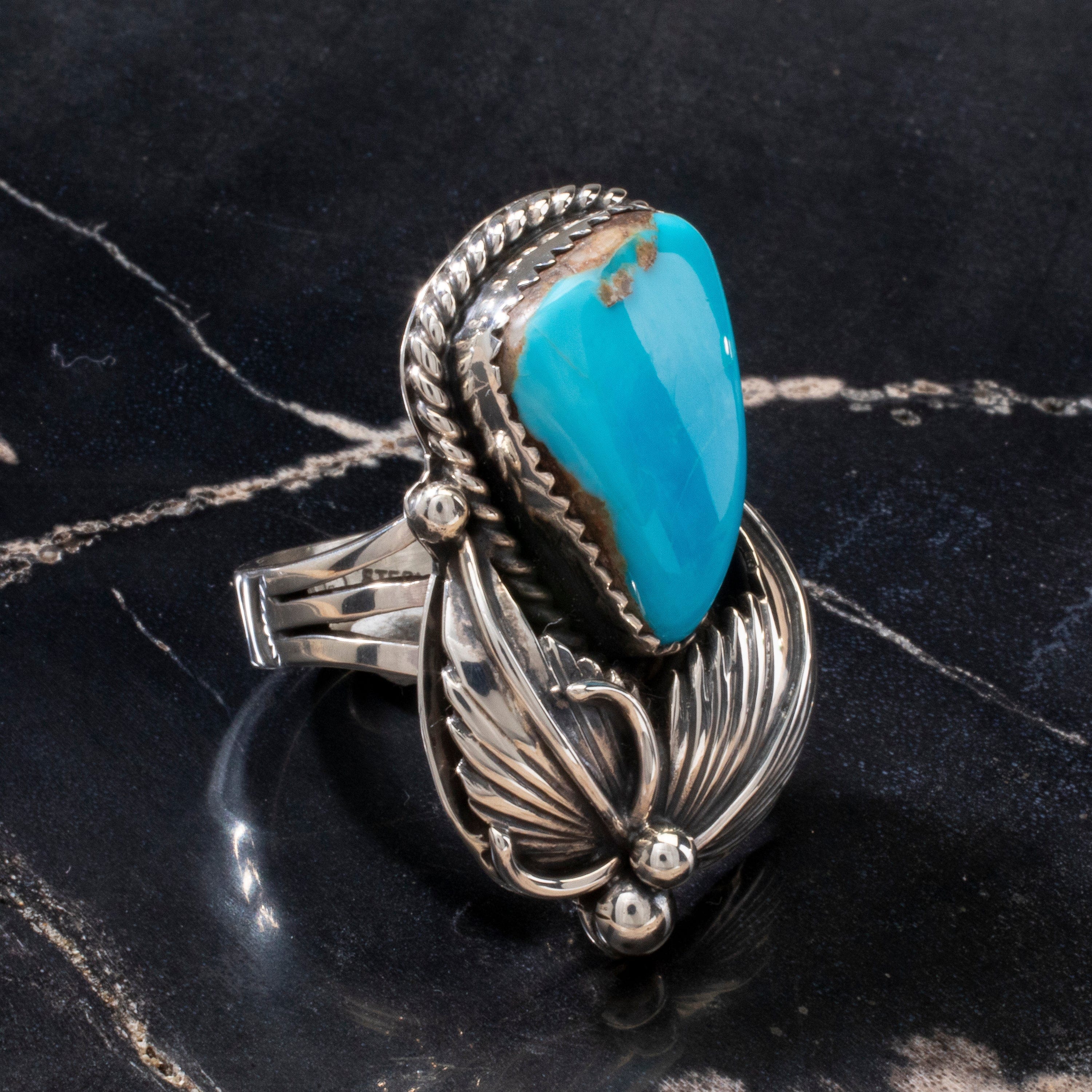 Kalifano Native American Jewelry 6 Joe Piaso Jr. Sleeping Beauty Turquoise Feather Navajo USA Native American Made 925 Sterling Silver Ring NAR700.033.6