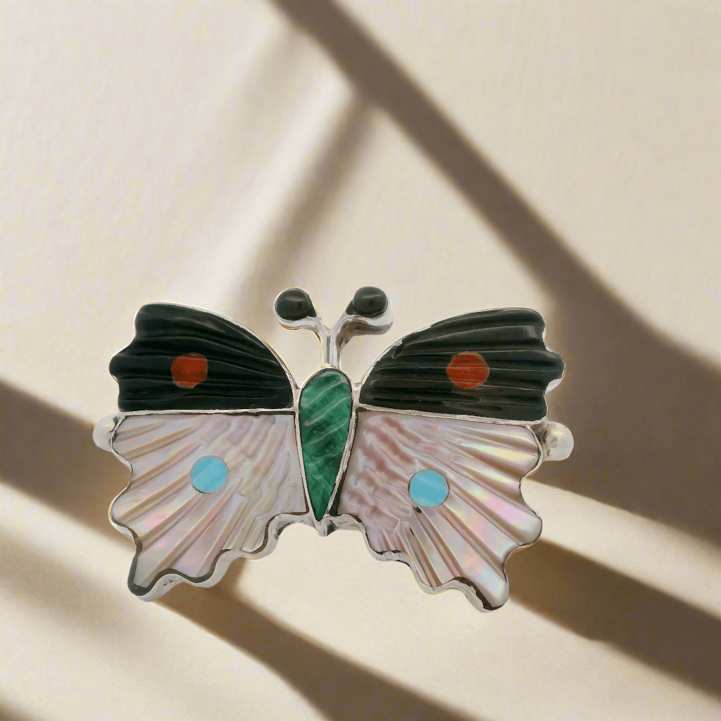 Kalifano Native American Jewelry 6 Tamara Pinto Multi Gem Butterfly Zuni USA Native American Made 925 Sterling Silver Ring NAR600.093.6