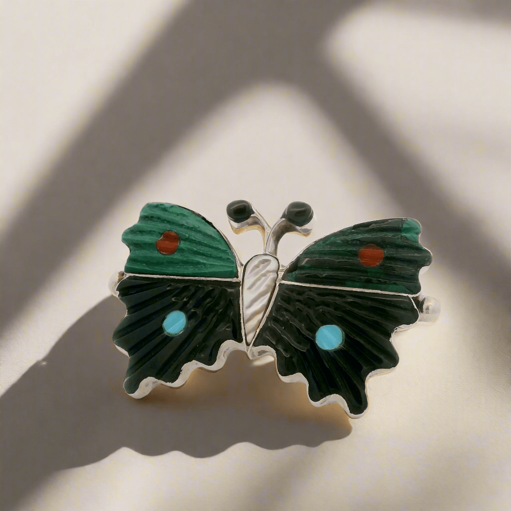 Kalifano Native American Jewelry 6 Tamara Pinto Multi Gem Butterfly Zuni USA Native American Made 925 Sterling Silver Ring NAR600.096.6