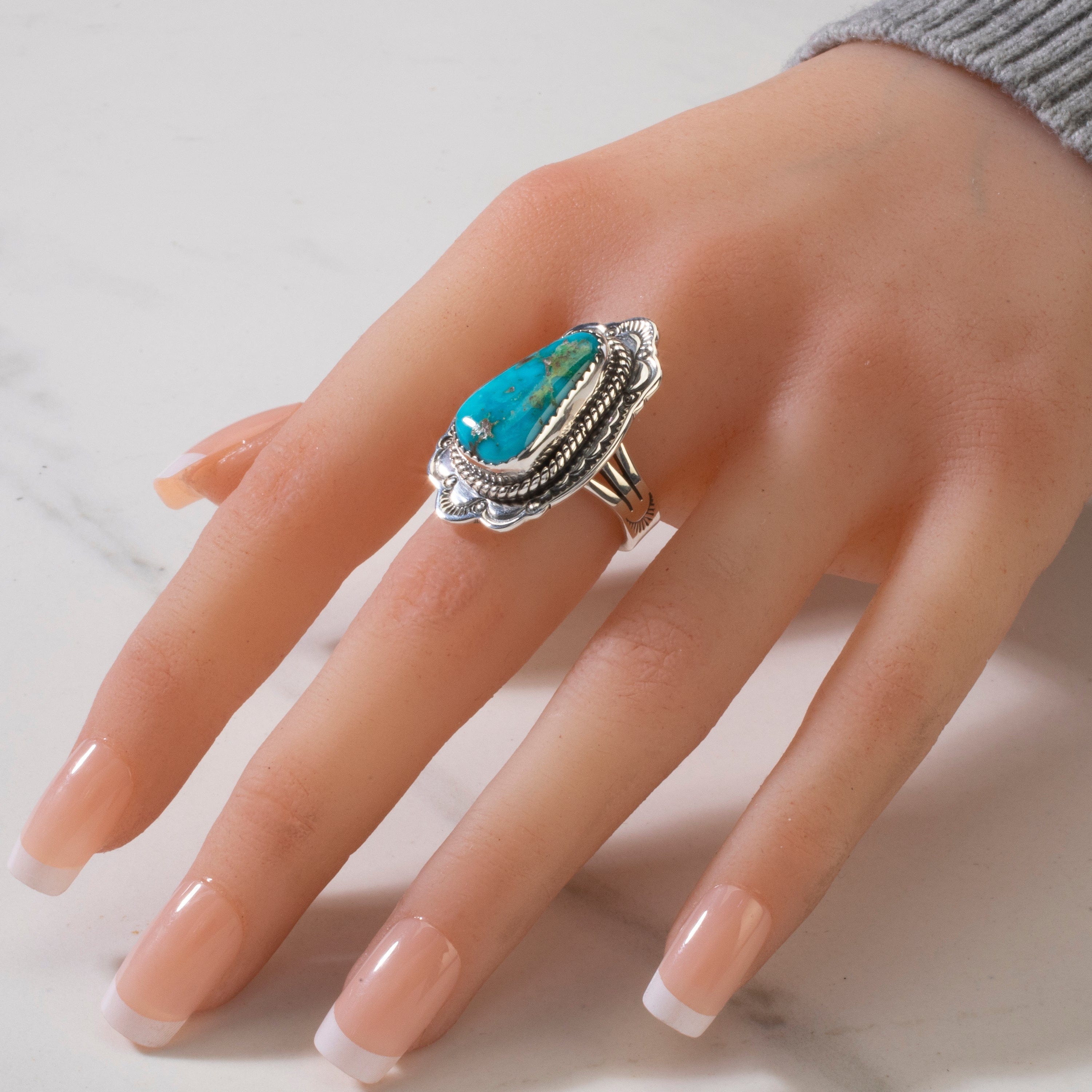 Kalifano Native American Jewelry 7 Joe Piaso Jr.  King Manassa Turquoise Navajo USA Native American Made 925 Sterling Silver Ring NAR700.038.7