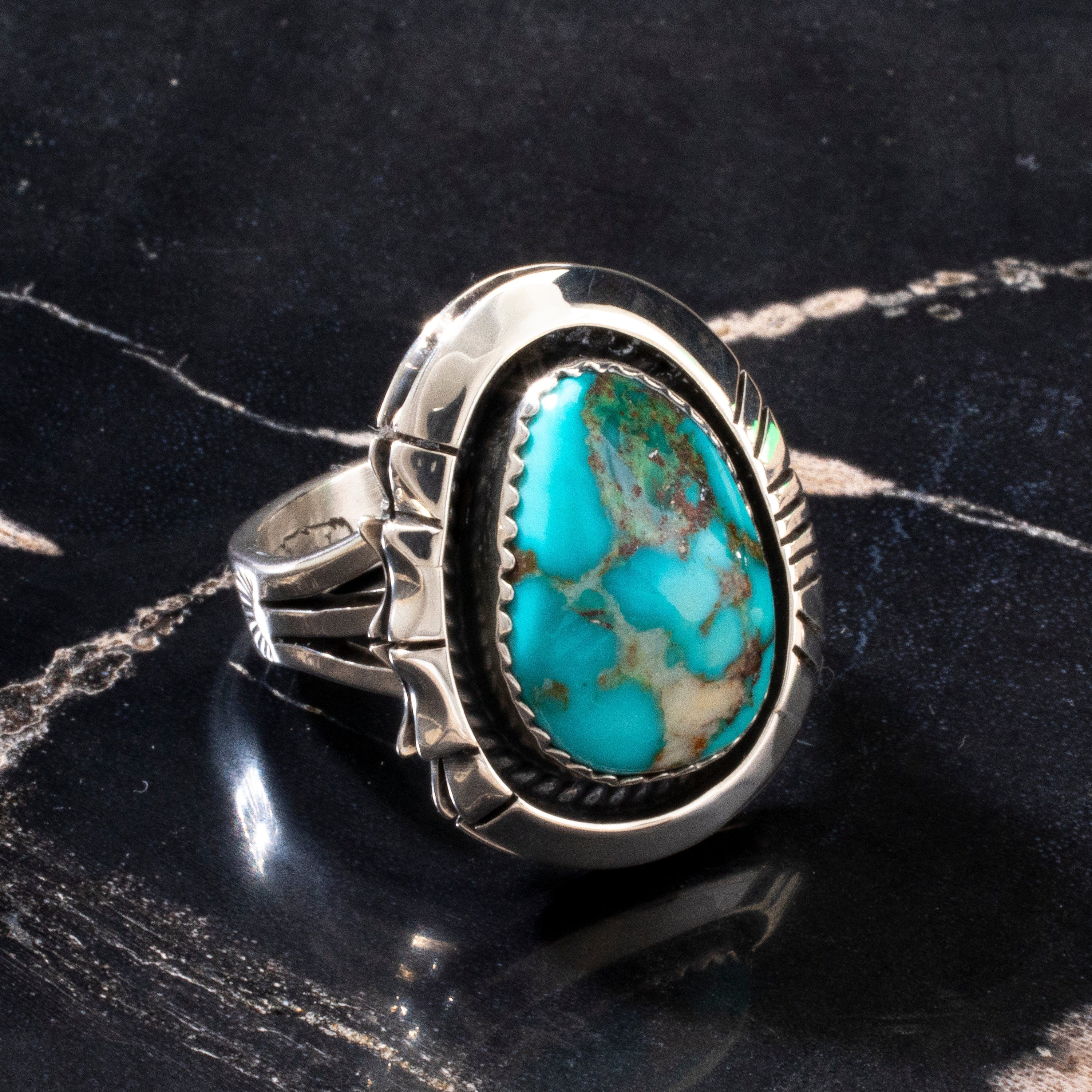 Kalifano Native American Jewelry 7 Joe Piaso Jr.  King Manassa Turquoise Navajo USA Native American Made 925 Sterling Silver Ring NAR700.039.7