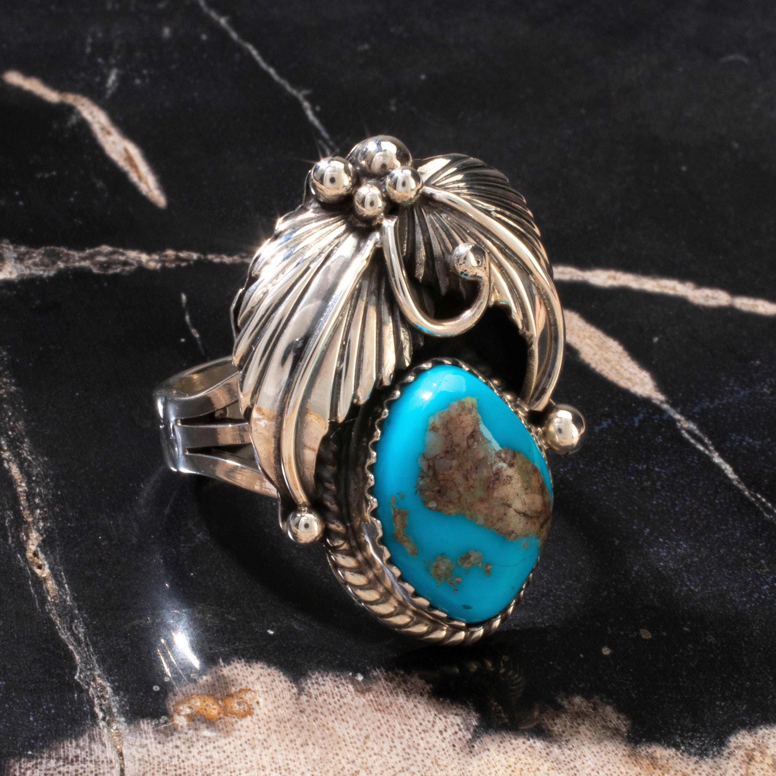 Kalifano Native American Jewelry 8 Joe Piaso Jr. Sleeping Beauty Turquoise Feather Navajo USA Native American Made 925 Sterling Silver Ring NAR600.080.8