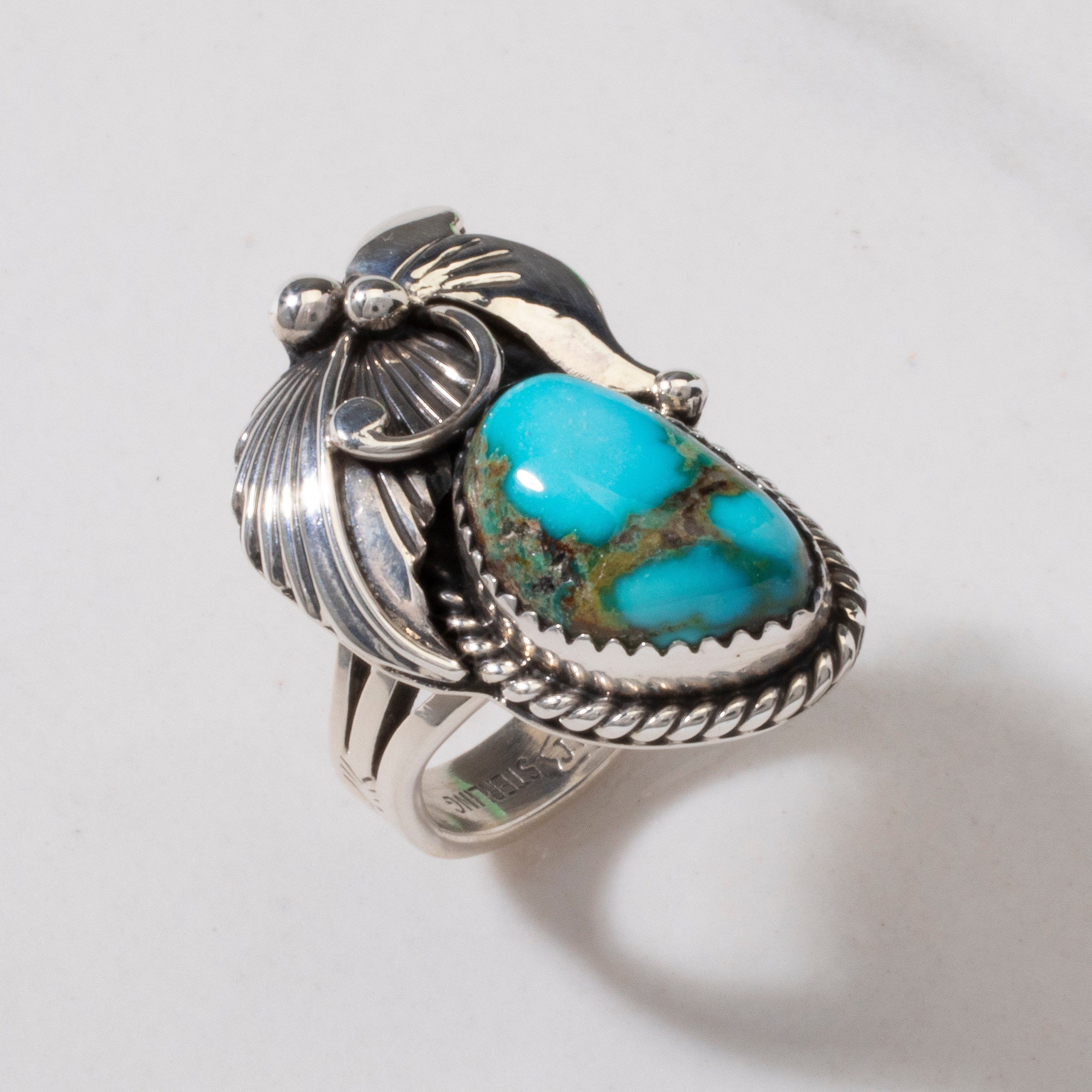 Kalifano Native American Jewelry 8 Joe Piaso Jr. Sleeping Beauty Turquoise Feather Navajo USA Native American Made 925 Sterling Silver Ring NAR600.084.8