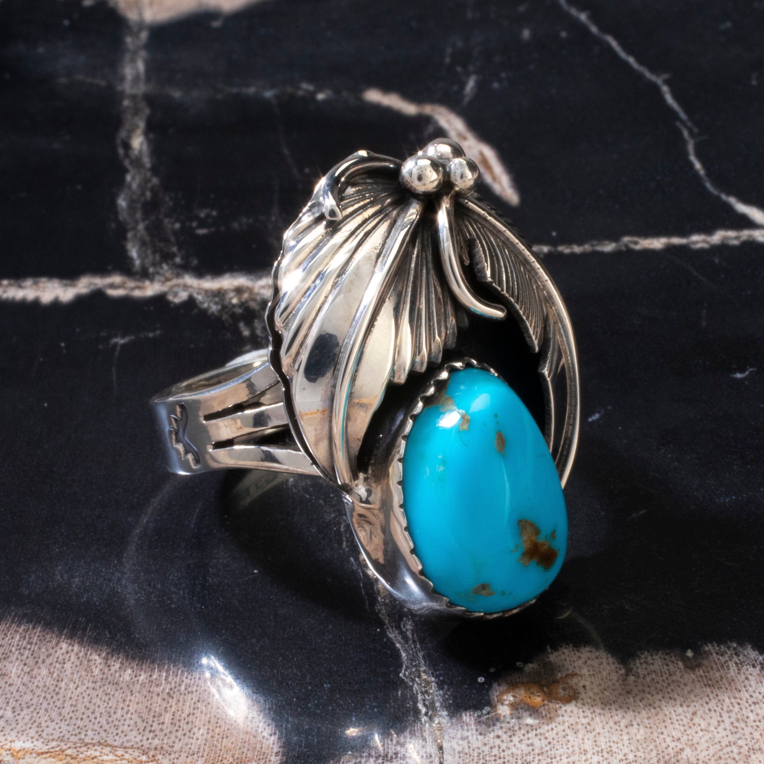 Kalifano Native American Jewelry 9 Joe Piaso Jr. Sleeping Beauty Turquoise Feather Navajo USA Native American Made 925 Sterling Silver Ring NAR600.074.9