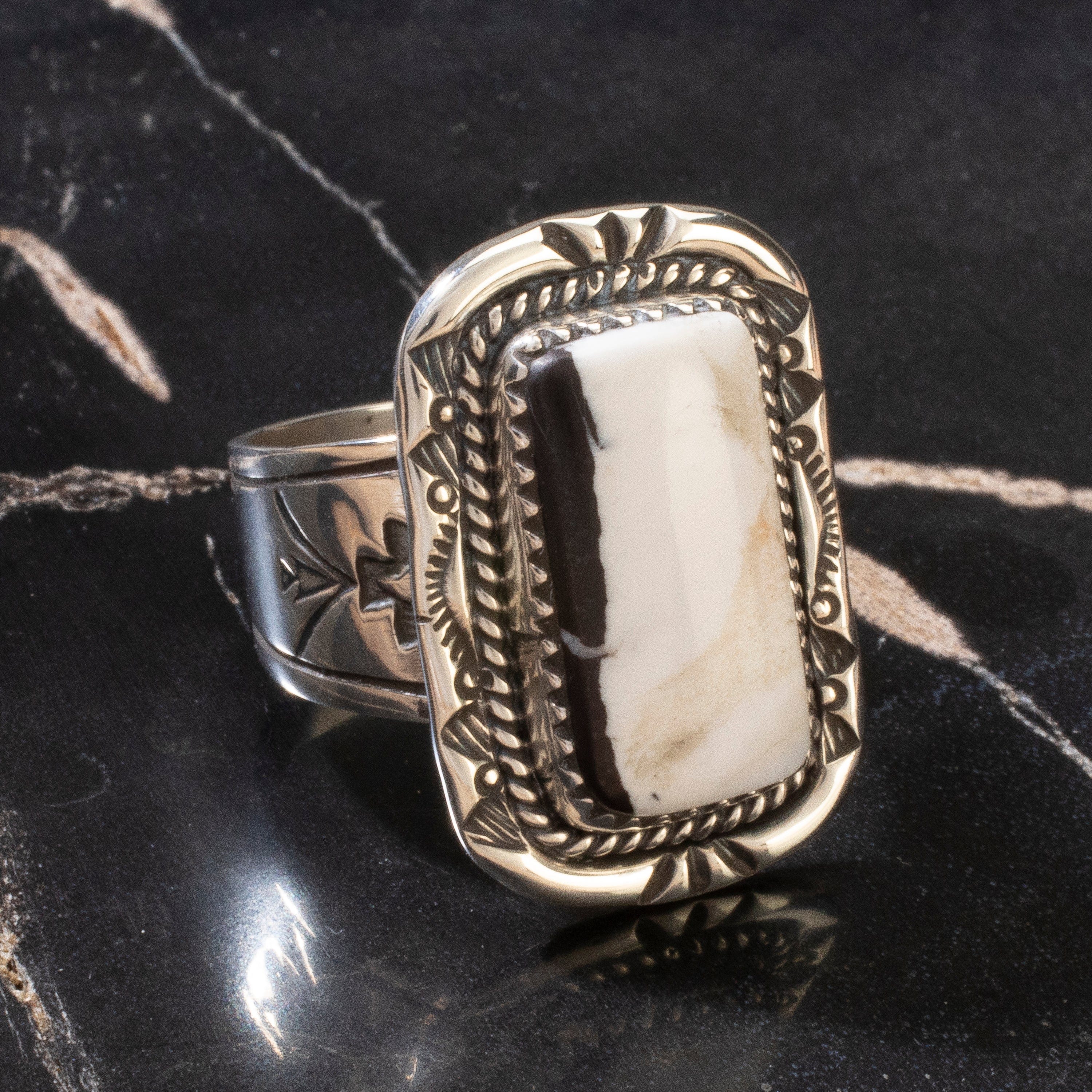 Kalifano Native American Jewelry 9 Joe Piaso Jr. White Buffalo Turquoise Navajo USA Native American Made 925 Sterling Silver Ring NAR600.075.9