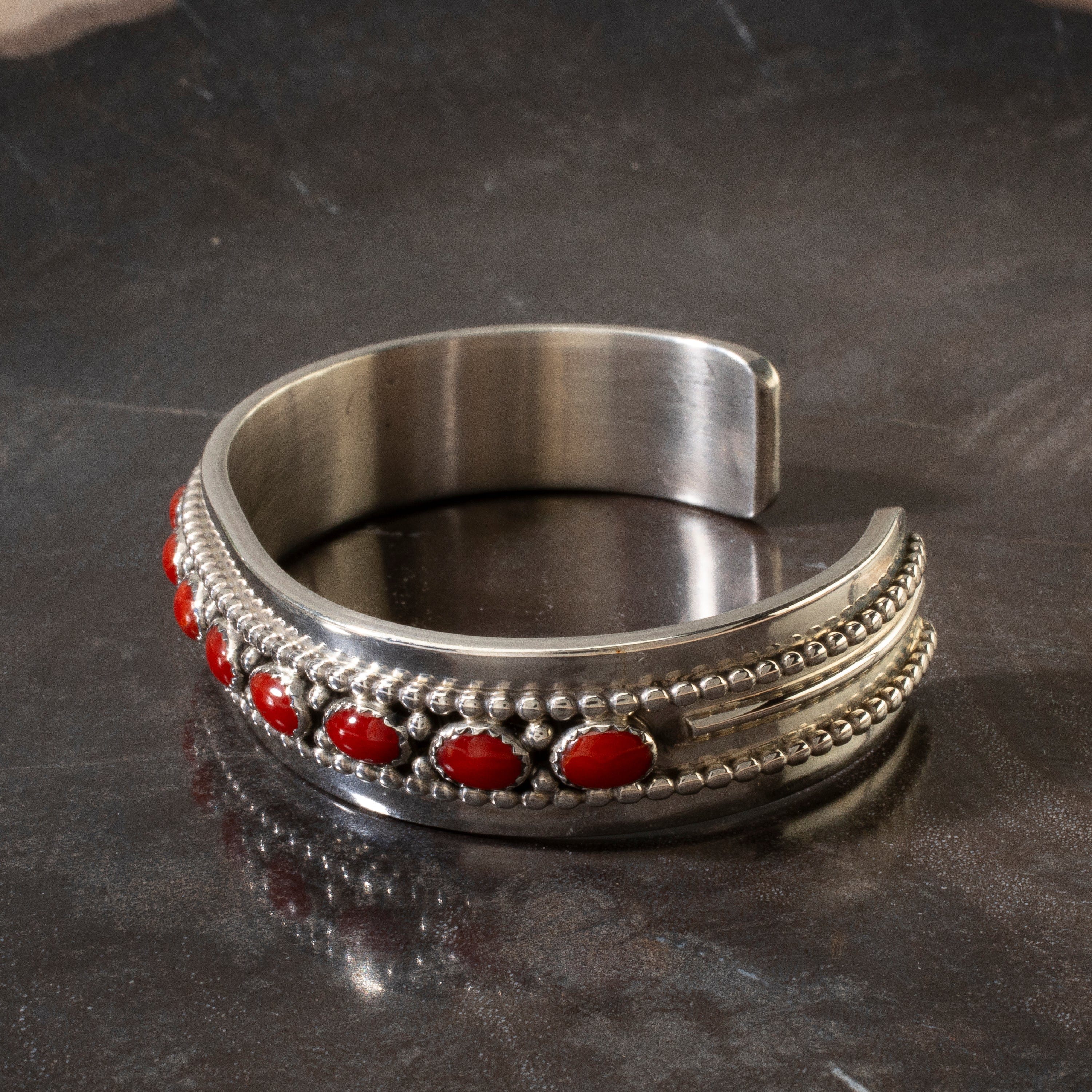 Kalifano Native American Jewelry Darrin Livingston Navajo Red Coral USA Native American Made 925 Sterling Silver Cuff NAB2400.017