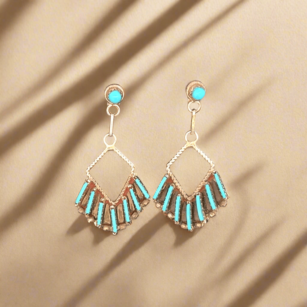 Kalifano Native American Jewelry Davis Kaamasee Kingman Turquoise Zuni Needle & Petit Point USA Native American Made 925 Sterling Silver Earrings with Stud Backing NAE800.009
