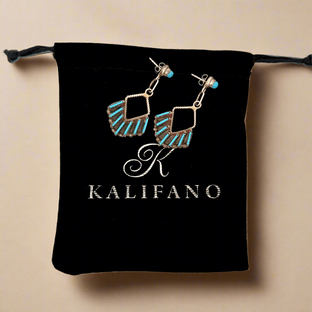 Kalifano Native American Jewelry Davis Kaamasee Kingman Turquoise Zuni Needle & Petit Point USA Native American Made 925 Sterling Silver Earrings with Stud Backing NAE800.009