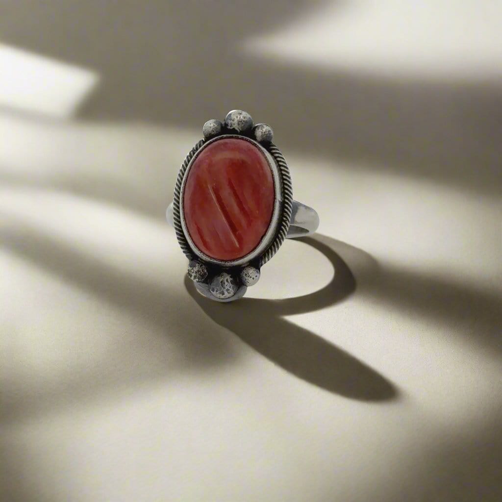 Kalifano Native American Jewelry Eli Skeets Spiny Oyster Navajo USA Native American Made 925 Sterling Silver Ring