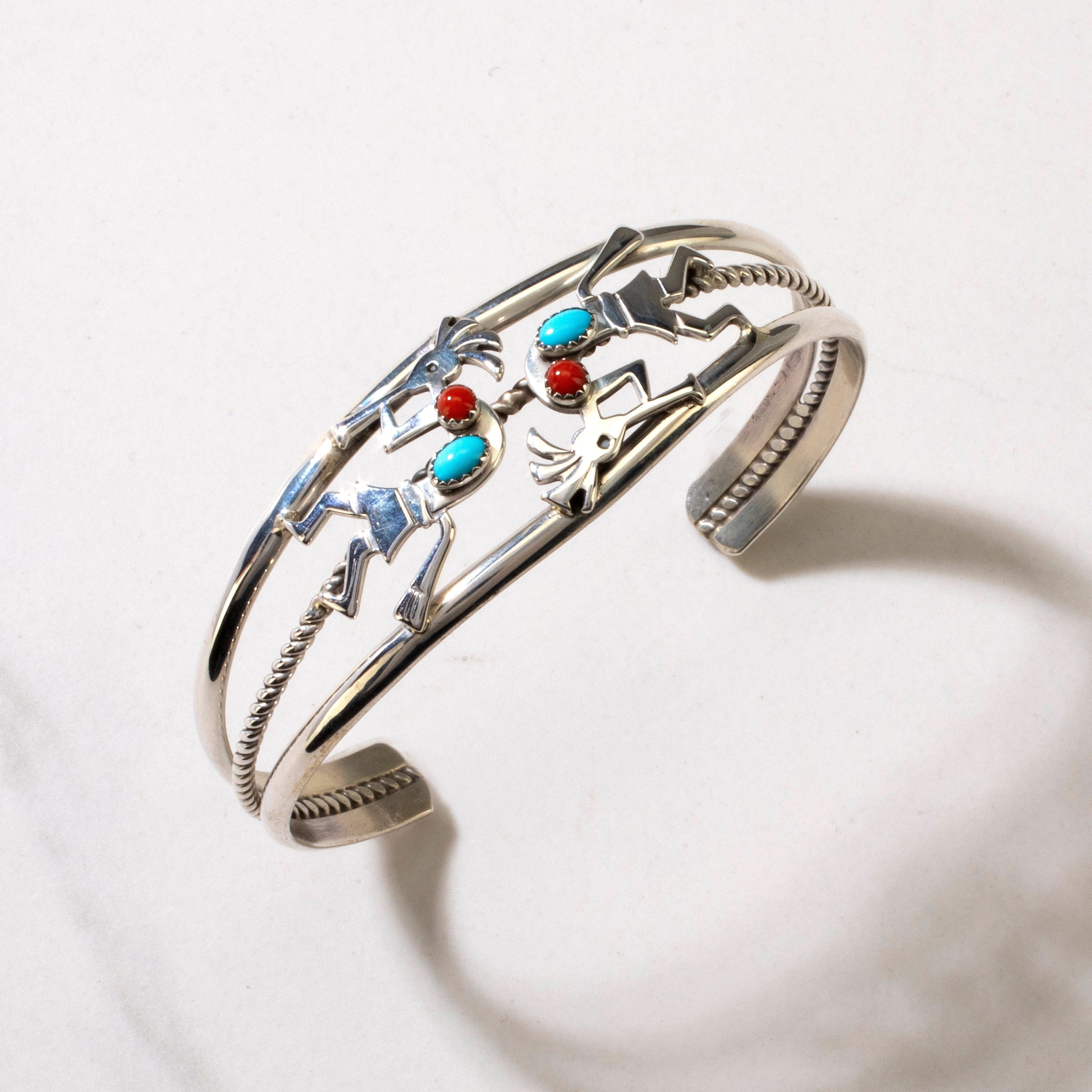 Kalifano Native American Jewelry Ella Peter Sleeping Beauty Turquoise & Red Coral Navajo Kokopelli USA Native American Made 925 Sterling Silver Cuff NAB600.013