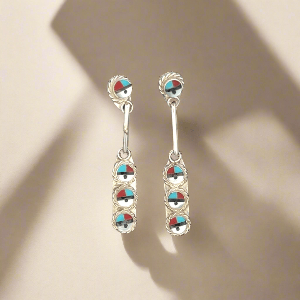Kalifano Native American Jewelry Emerson Vallo Sunface Dangly Multi Gem Zuni USA Native American Made 925 Sterling Silver Earrings with Stud Backing NAE400.053