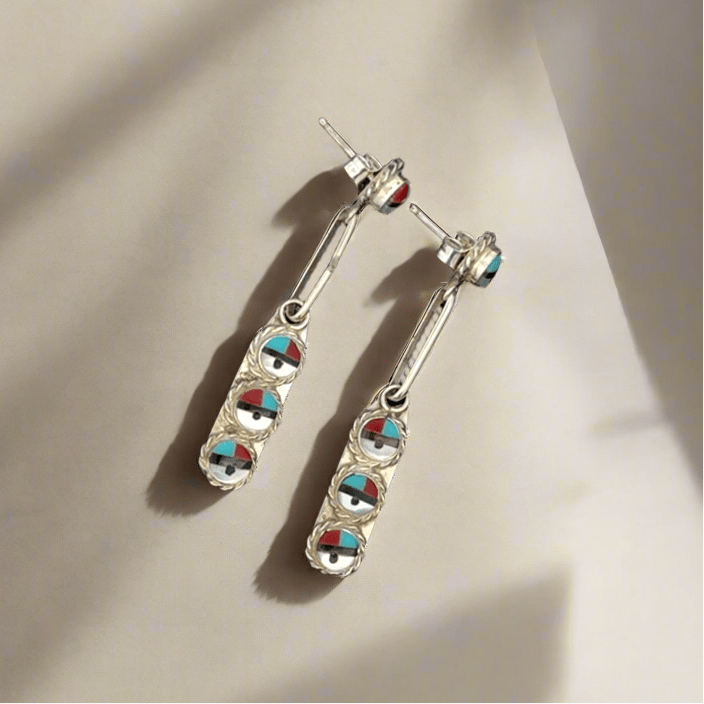 Kalifano Native American Jewelry Emerson Vallo Sunface Dangly Multi Gem Zuni USA Native American Made 925 Sterling Silver Earrings with Stud Backing NAE400.053