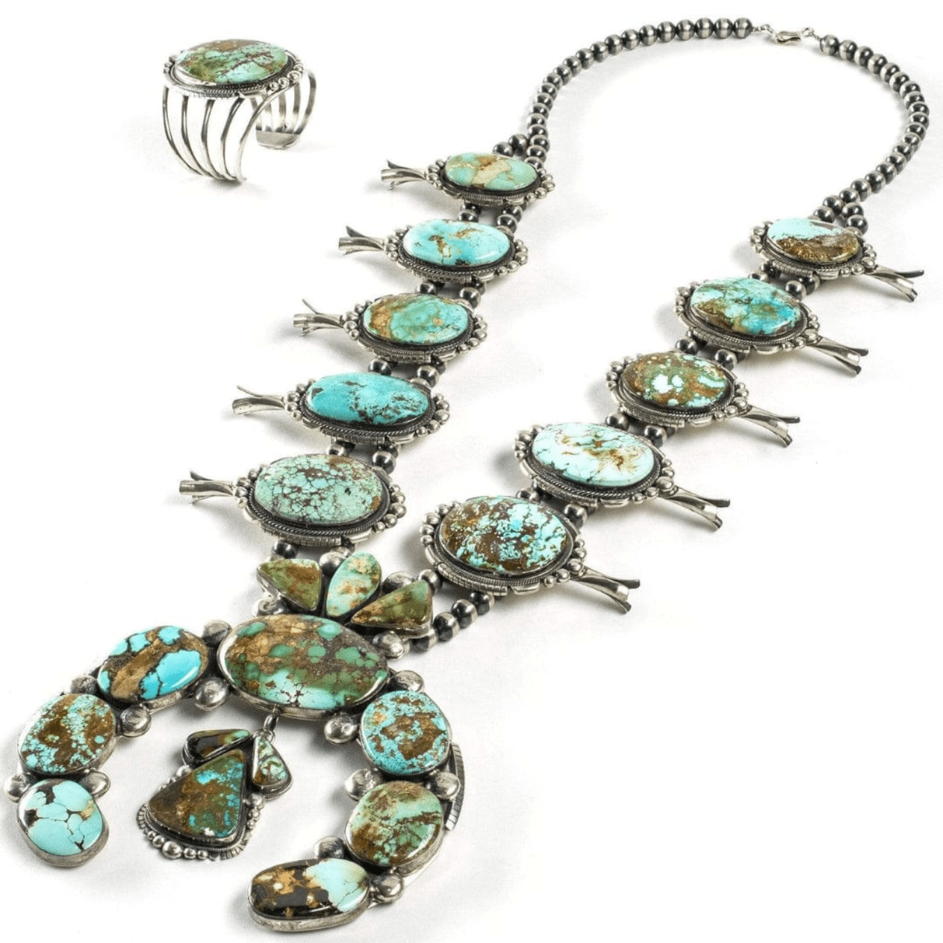 Kalifano Native American Jewelry Gabriel Jurado Royston Turquoise Squash Blossom Native American Made Sterling Silver 2 Piece Set NA48000.001