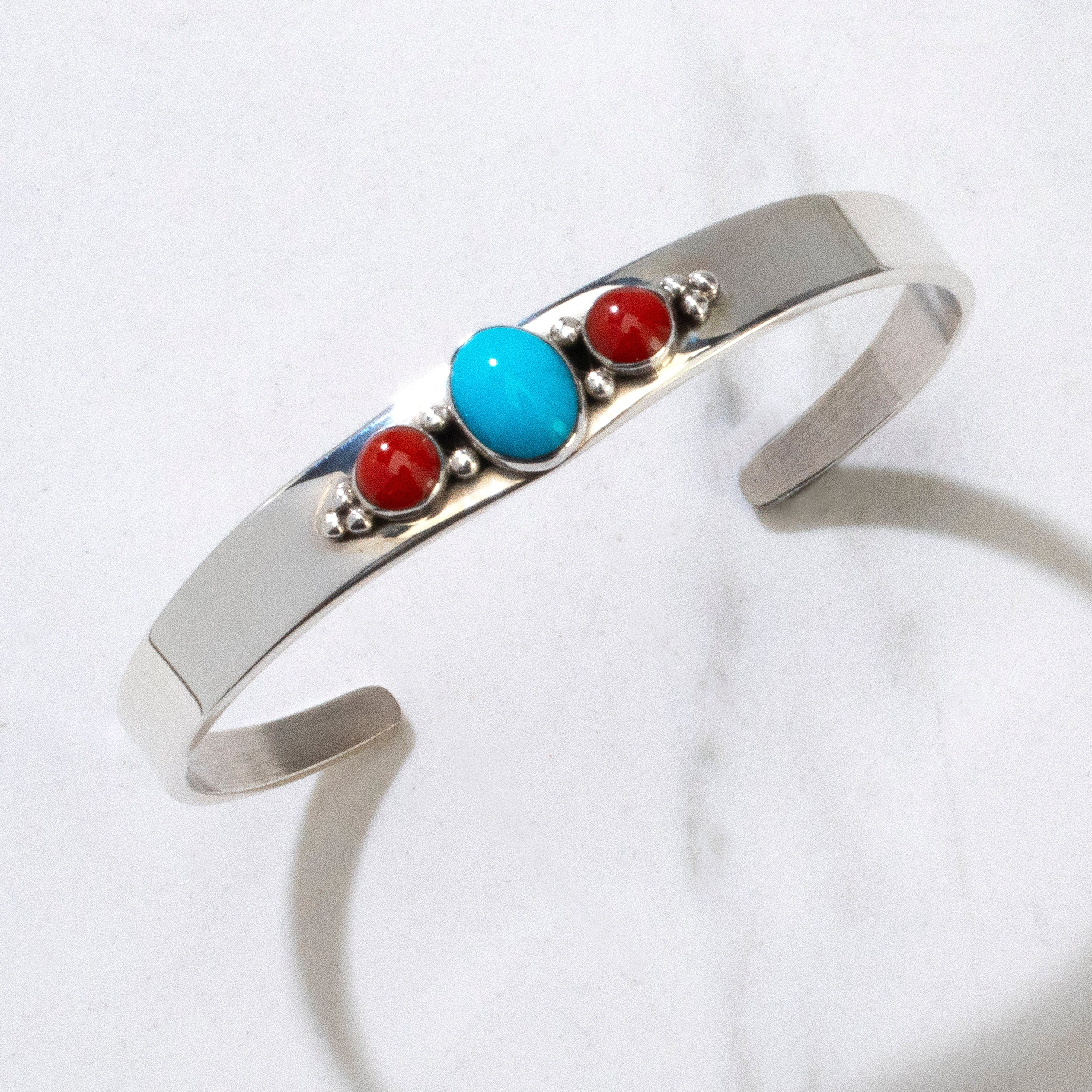 Kalifano Native American Jewelry Joe Begay Coral & Turquoise Navajo USA Native American Made 925 Sterling Silver Cuff NAB500.016