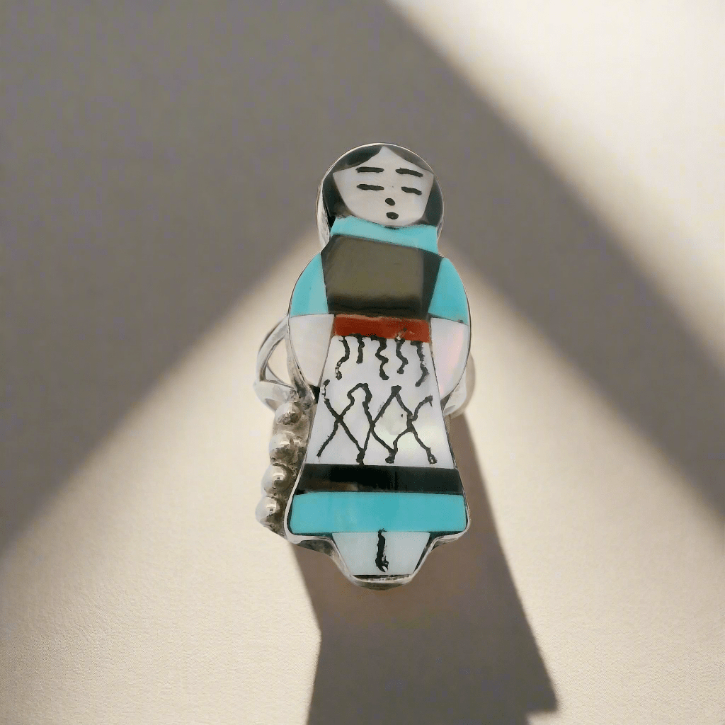 Kalifano Native American Jewelry Joyse Waseta Multi Gem Kachina Maiden Zuni USA Native American Made 925 Sterling Silver Ring