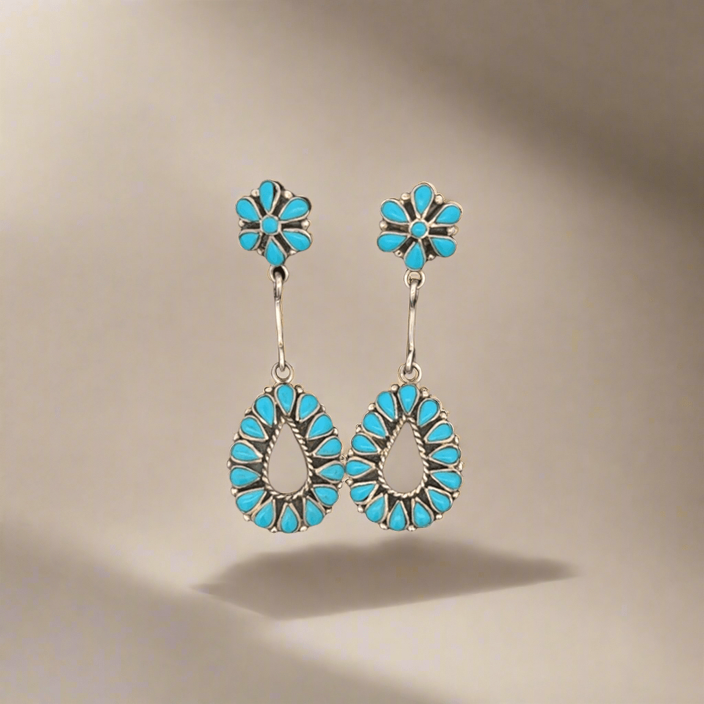 Kalifano Native American Jewelry Kingman Turquoise Flower Zuni USA Native American Made 925 Sterling Silver Dangle Earrings with Stud Backing NAE1400.002