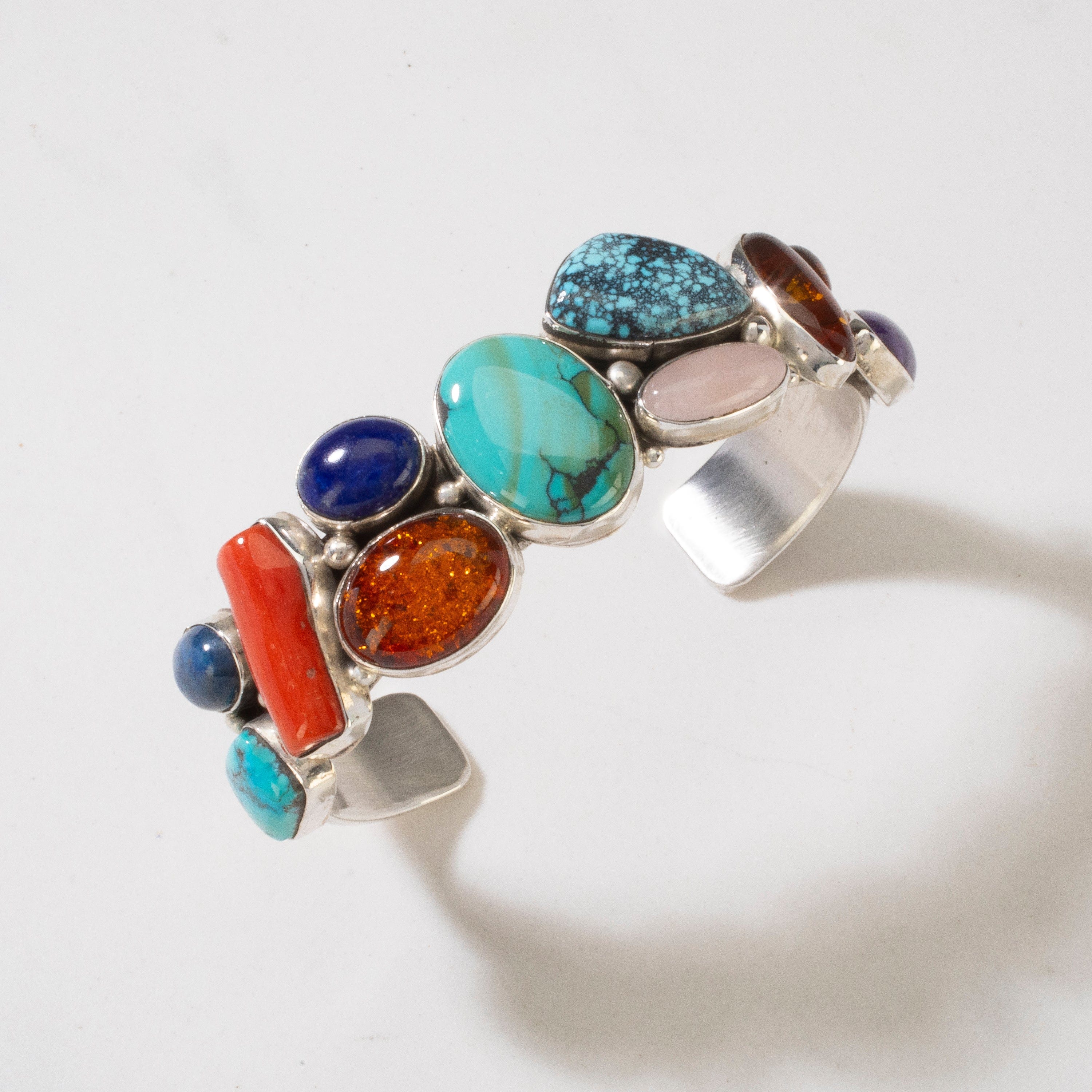 Kalifano Native American Jewelry L. Sheka Genuine Turquoise, Amber, Lapis, Rose Quartz, Coral, & Charoite USA Native American Made 925 Sterling Silver Cuff NAB2400.024