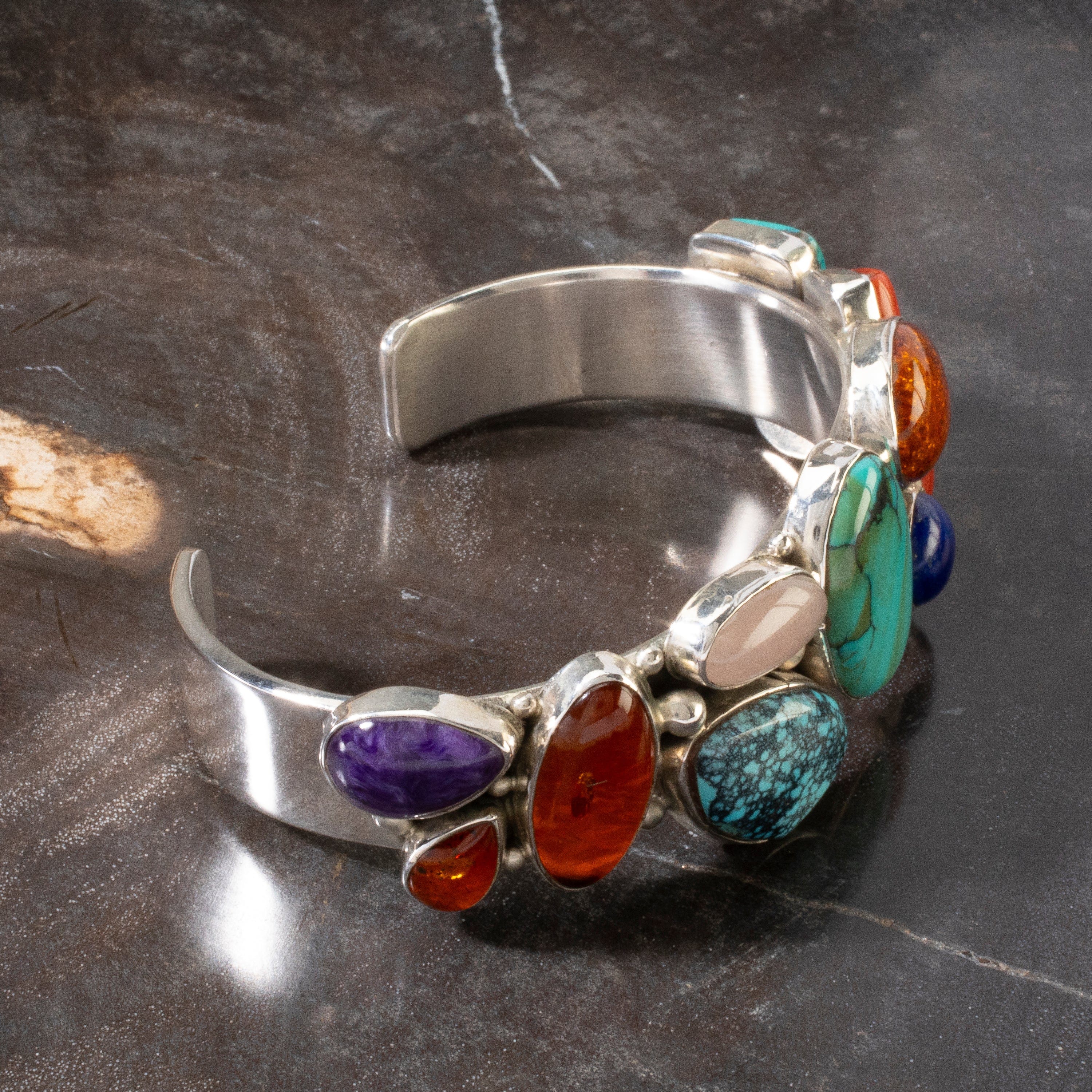 Kalifano Native American Jewelry L. Sheka Genuine Turquoise, Amber, Lapis, Rose Quartz, Coral, & Charoite USA Native American Made 925 Sterling Silver Cuff NAB2400.024