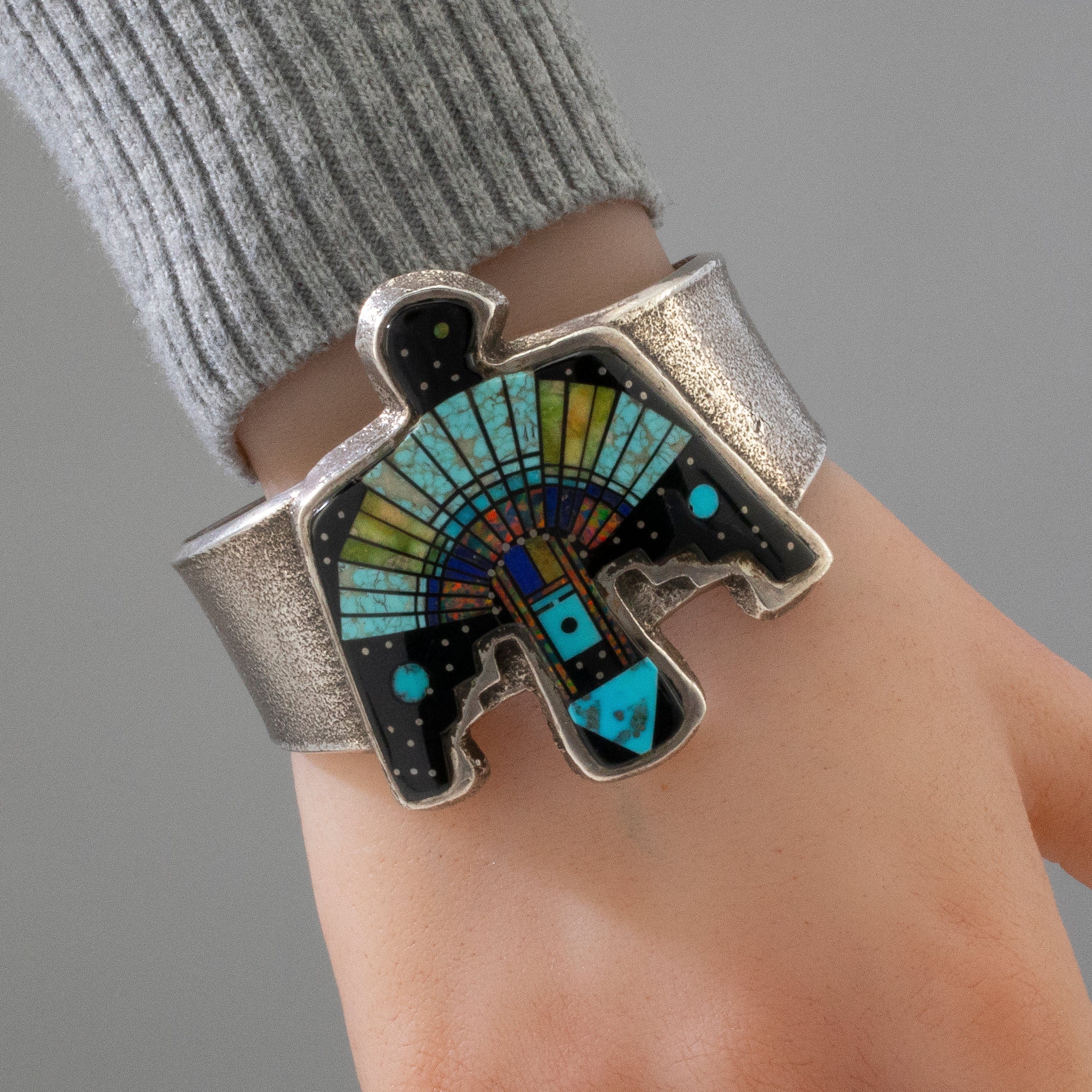 Kalifano Native American Jewelry Lester James Navajo Multi Gemstone Bird Inlay USA Native American Made 925 Sterling Silver Cuff NAB6000.004