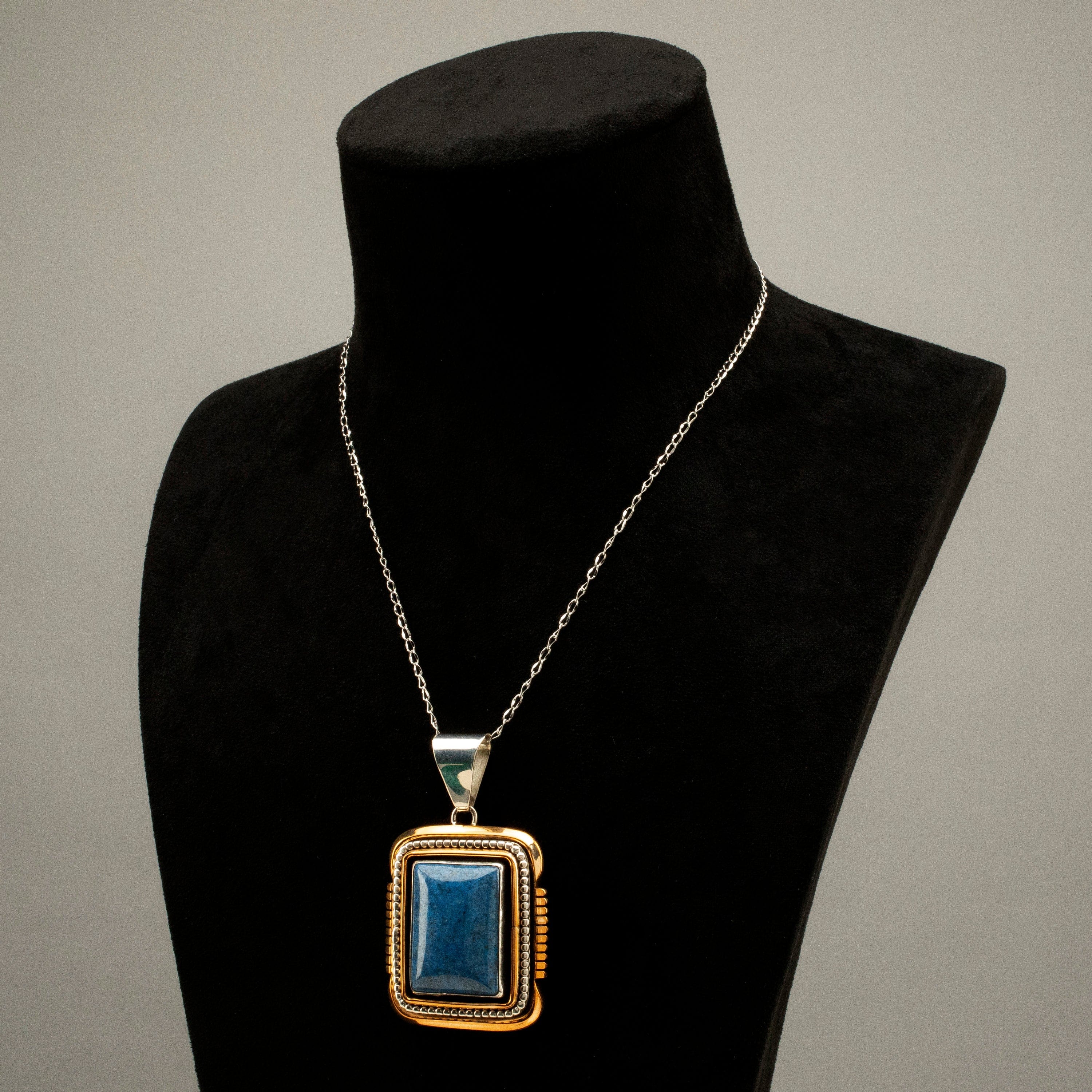 Kalifano Native American Jewelry Ray Bennett Lapis Rectangular Navajo USA Native American Made 925 Sterling Silver & 12K Gold Filled Pendant NAN1500.018