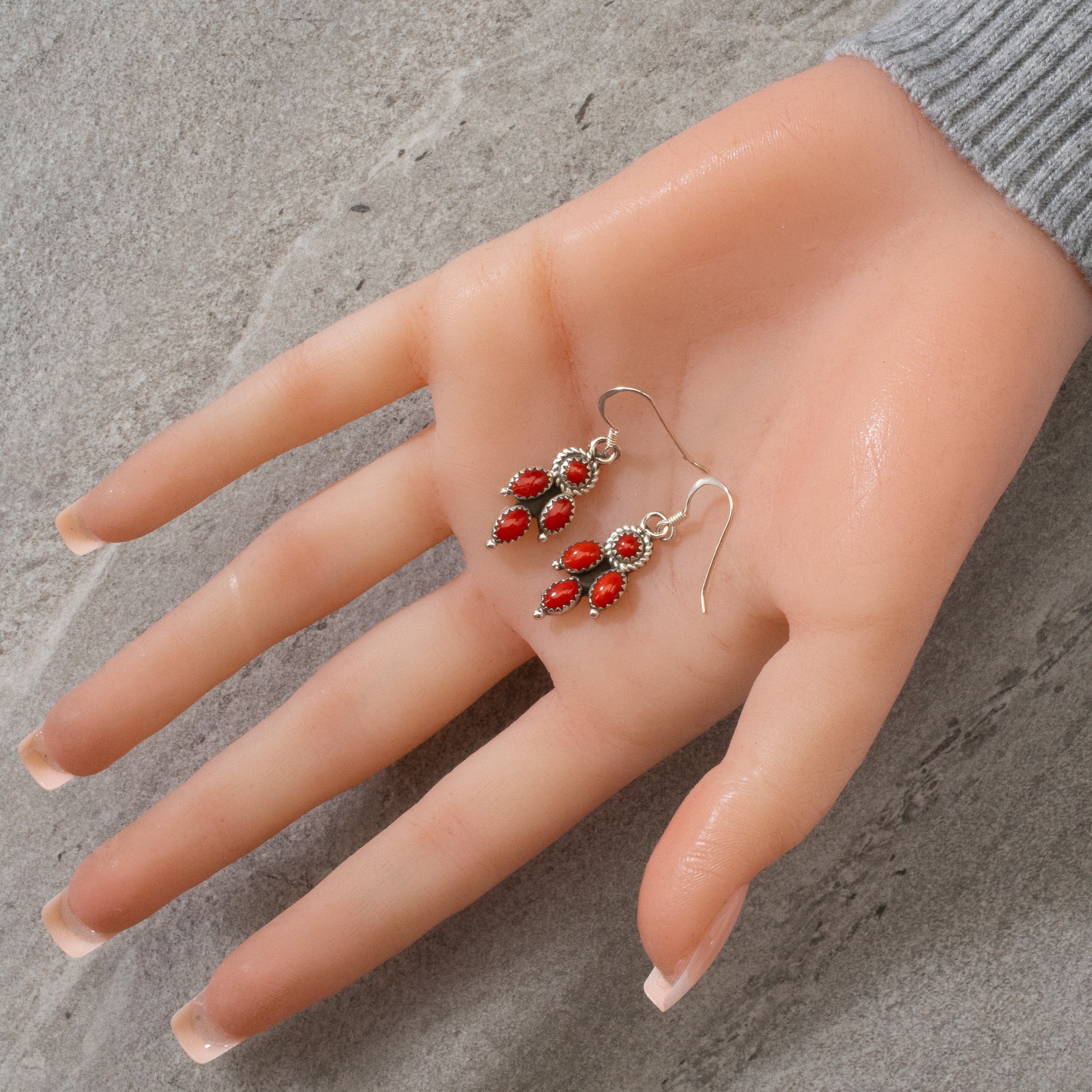 Kalifano Native American Jewelry Red Coral Dangle Navajo USA Native American Made 925 Sterling Silver Earrings with French Hook NAE300.036