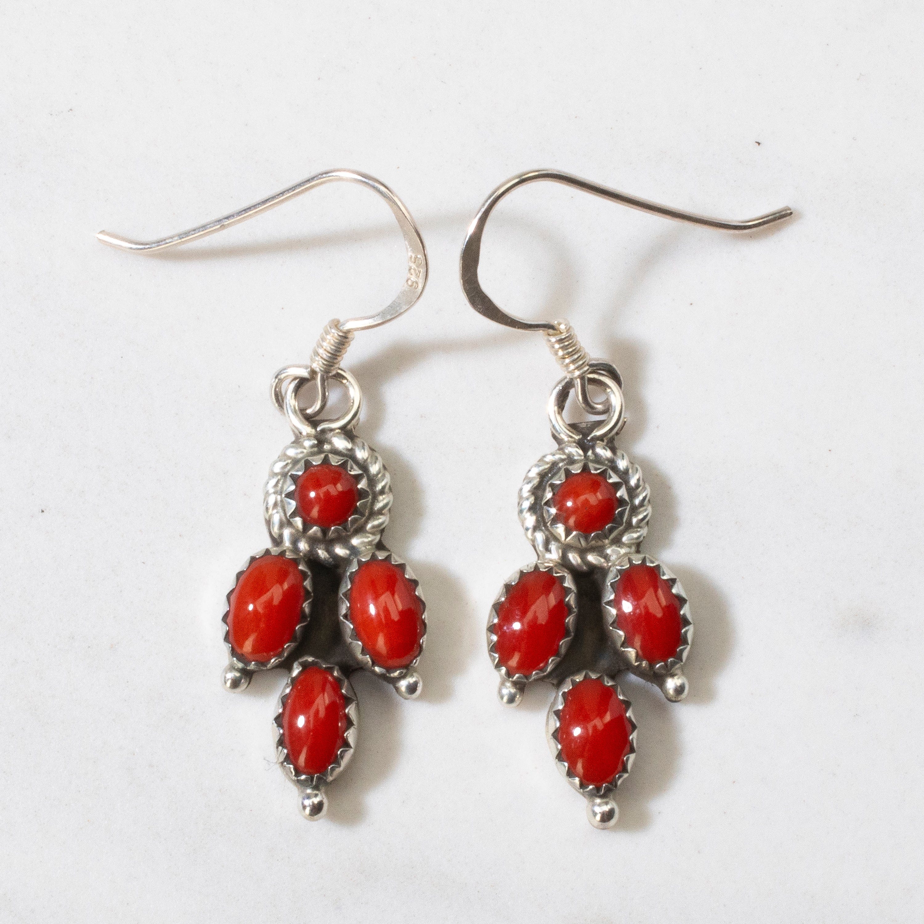 Kalifano Native American Jewelry Red Coral Dangle Navajo USA Native American Made 925 Sterling Silver Earrings with French Hook NAE300.036