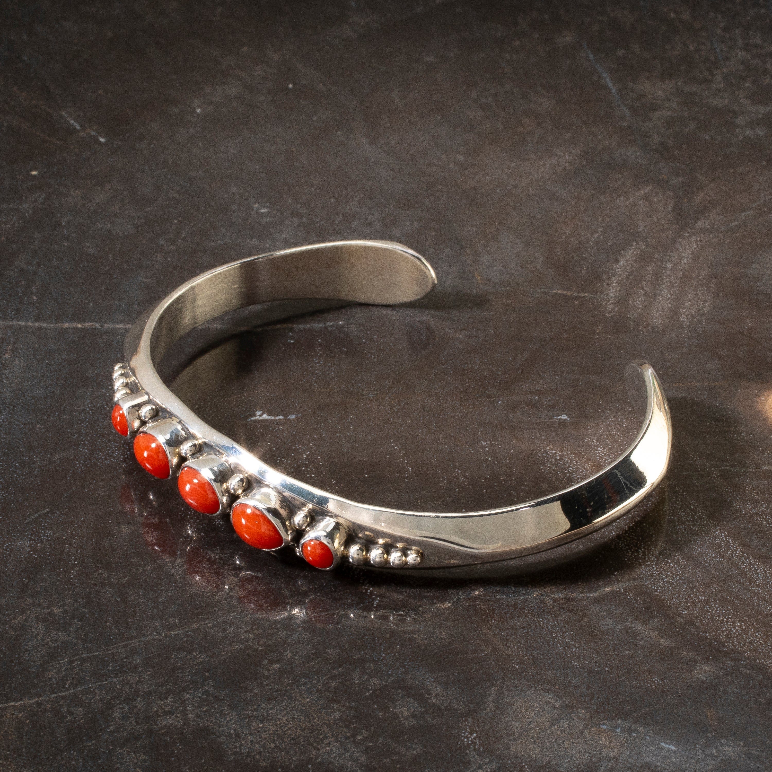 Kalifano Native American Jewelry Russell Sam Navajo Red Coral USA Native American Made 925 Sterling Silver Cuff NAB1000.010