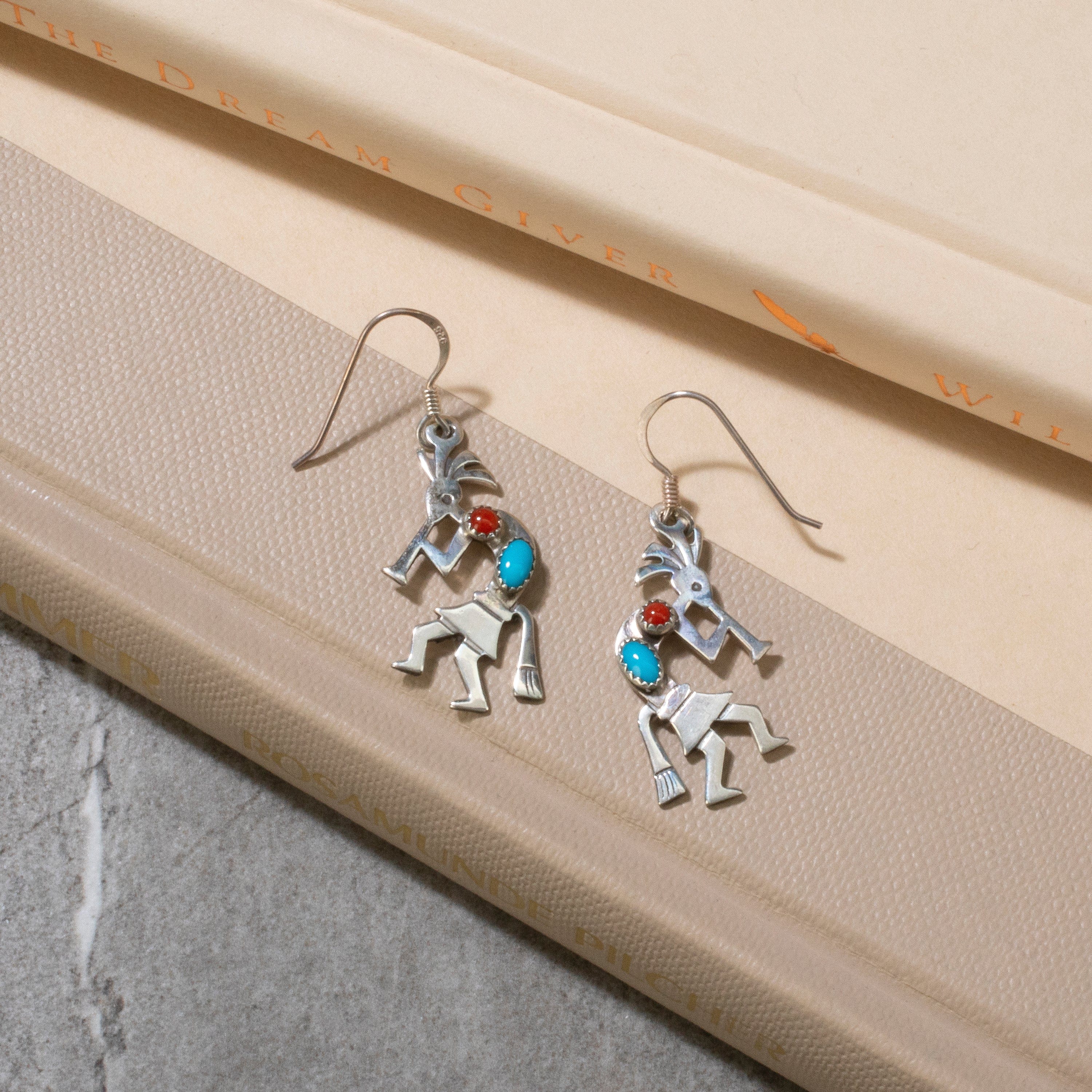 Kalifano Native American Jewelry Sleeping Beauty Turquoise & Red Coral Kokopelli Navajo USA Native American Made 925 Sterling Silver Earrings with French Hook NAE200.011