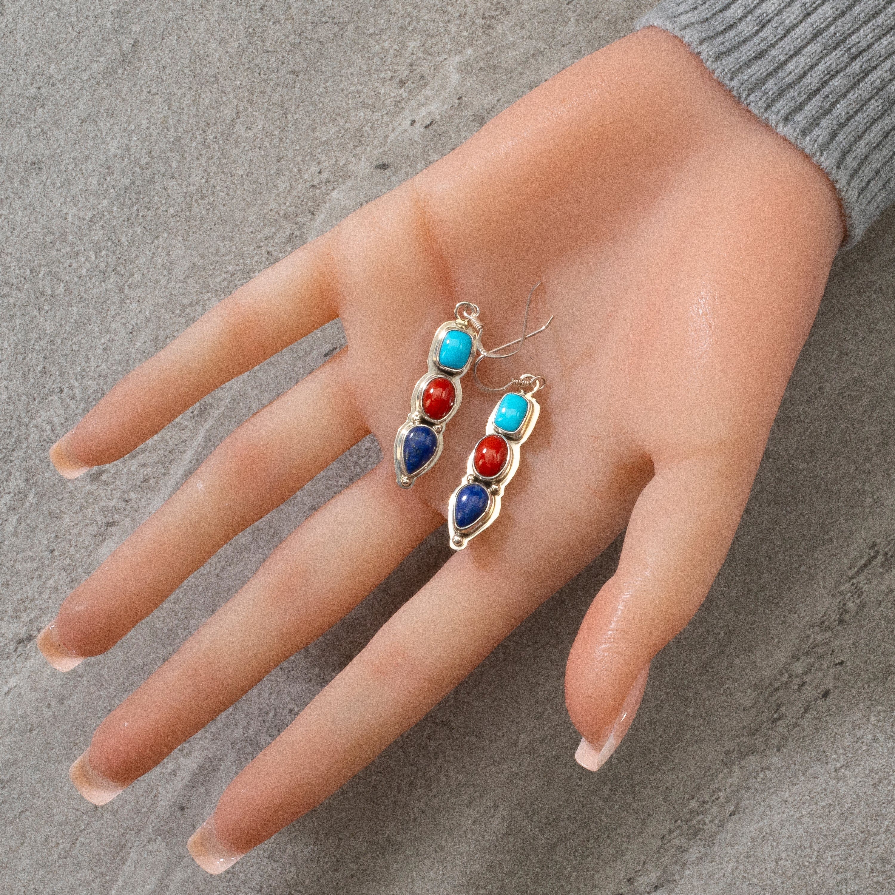 Kalifano Native American Jewelry Sleeping Beauty Turquoise, Red Coral, & Lapis Dangle Navajo USA Native American Made 925 Sterling Silver Earrings with French Hook NAE400.036