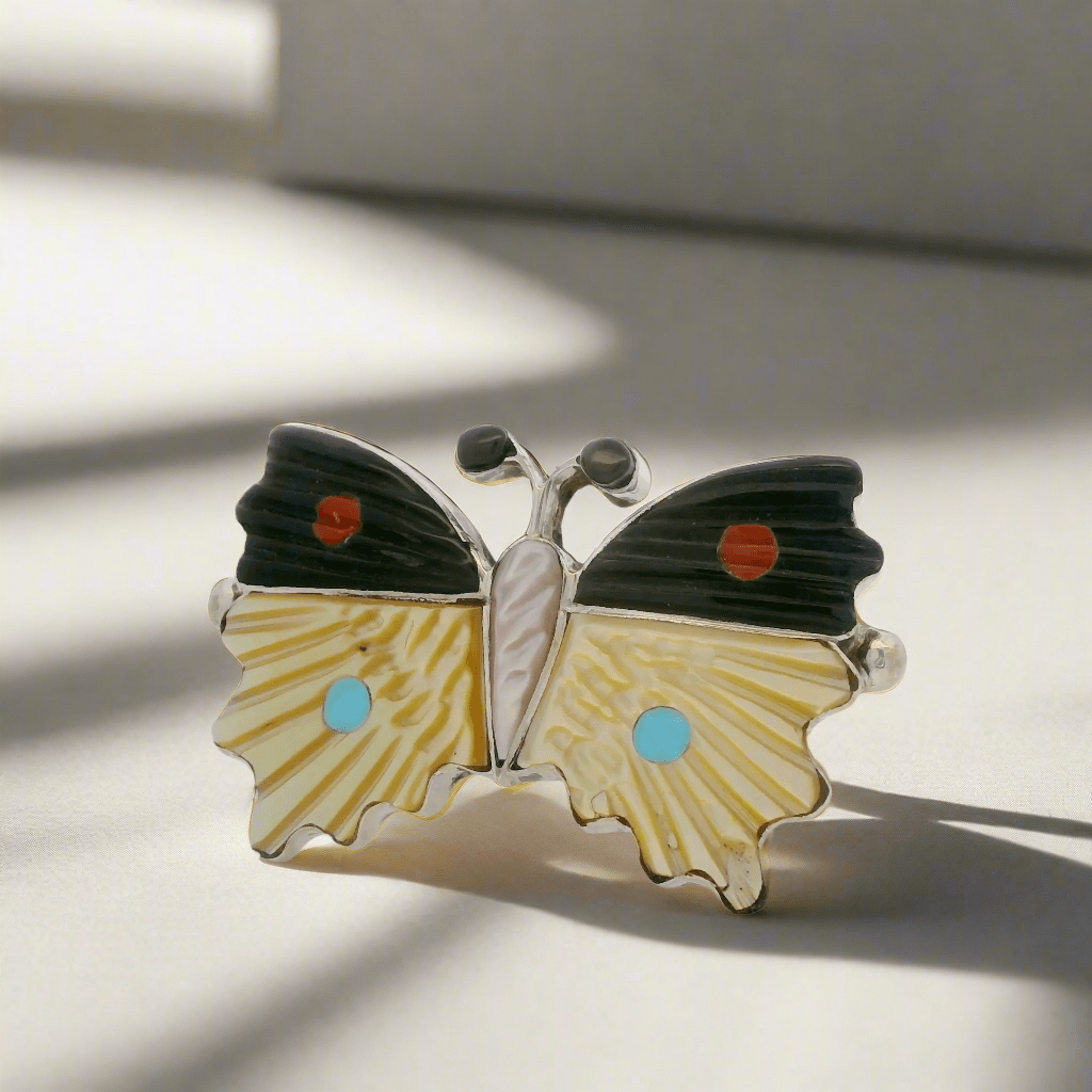 Kalifano Native American Jewelry Tamara Pinto Multi Gem Butterfly Zuni USA Native American Made 925 Sterling Silver Ring