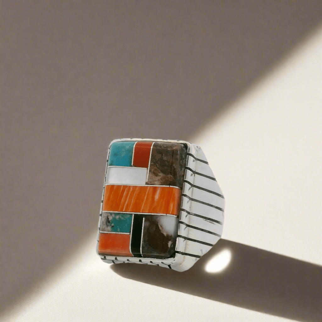Kalifano Native American Jewelry Trevor Jack Multi Gem Rectangular Navajo USA Native American Made 925 Sterling Silver Ring