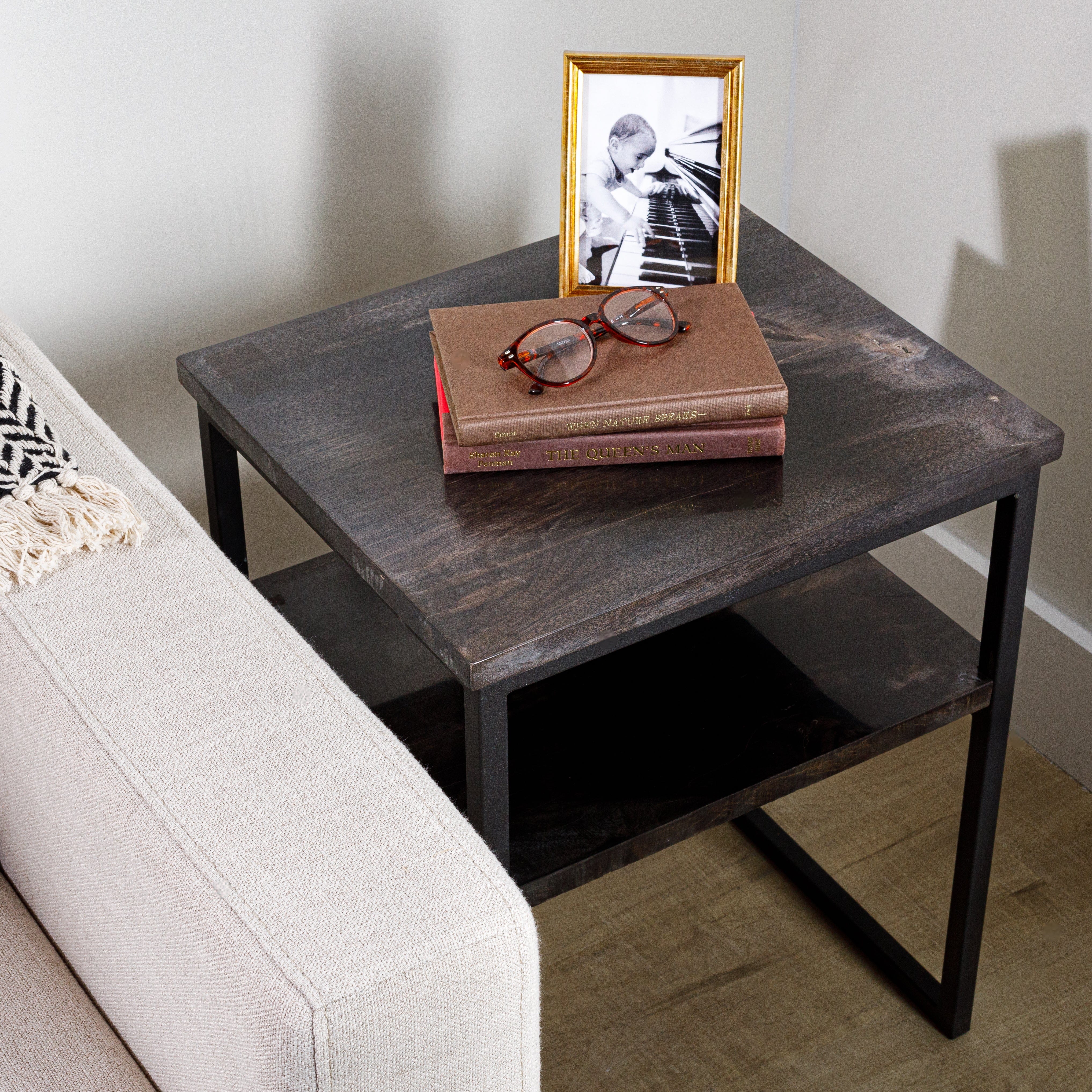 Kalifano Petrified Wood 22" Black Petrified Wood Side Table PWT1800-BK