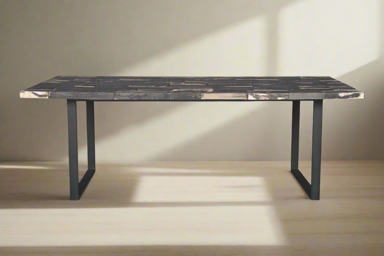 Kalifano Petrified Wood Black Mosaic Petrified Wood Dining Table 87" PWR18000-BK.002