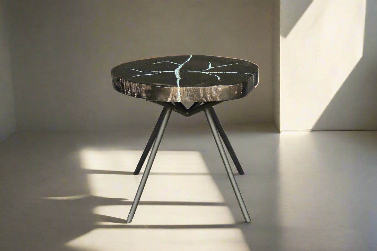 Kalifano Petrified Wood Petrified Wood Round Coffee Howlite Turquoise Inlayed Table 18" / 31 lbs PWTTQ1400.001