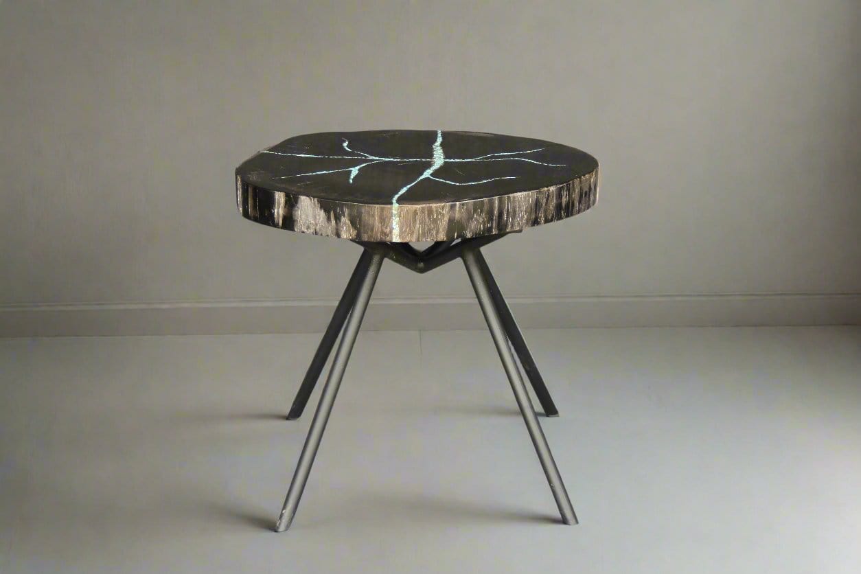 Kalifano Petrified Wood Petrified Wood Round Coffee Howlite Turquoise Inlayed Table 18" / 31 lbs PWTTQ1400.001