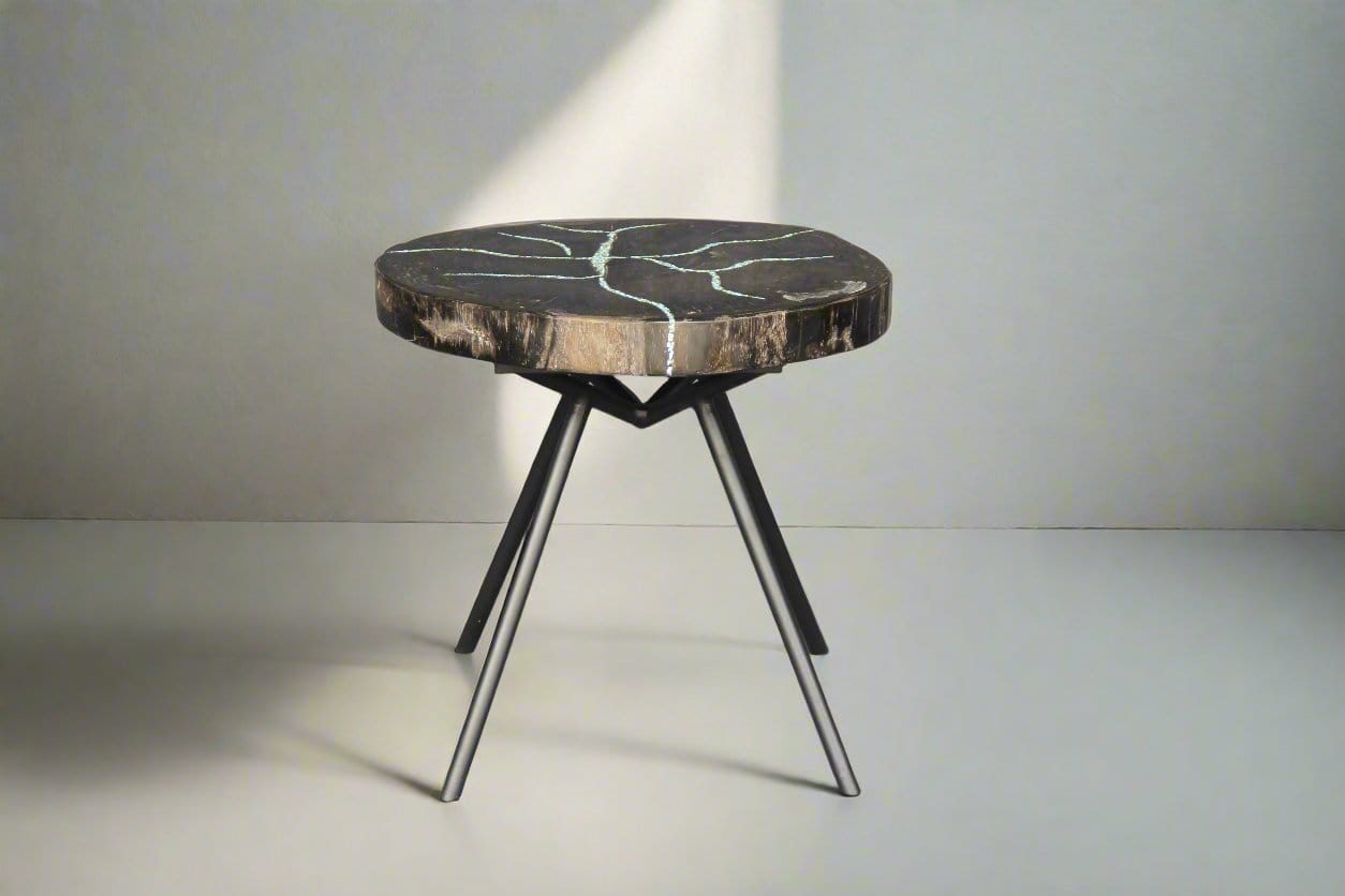 Kalifano Petrified Wood Petrified Wood Round Coffee Howlite Turquoise Inlayed Table 18" / 33 lbs PWTTQ1400.002