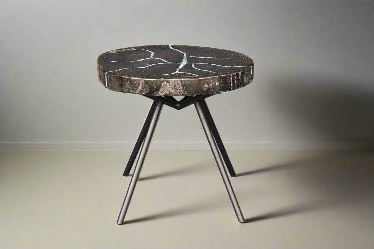 Kalifano Petrified Wood Petrified Wood Round Coffee Howlite Turquoise Inlayed Table 18" / 33 lbs PWTTQ1400.002