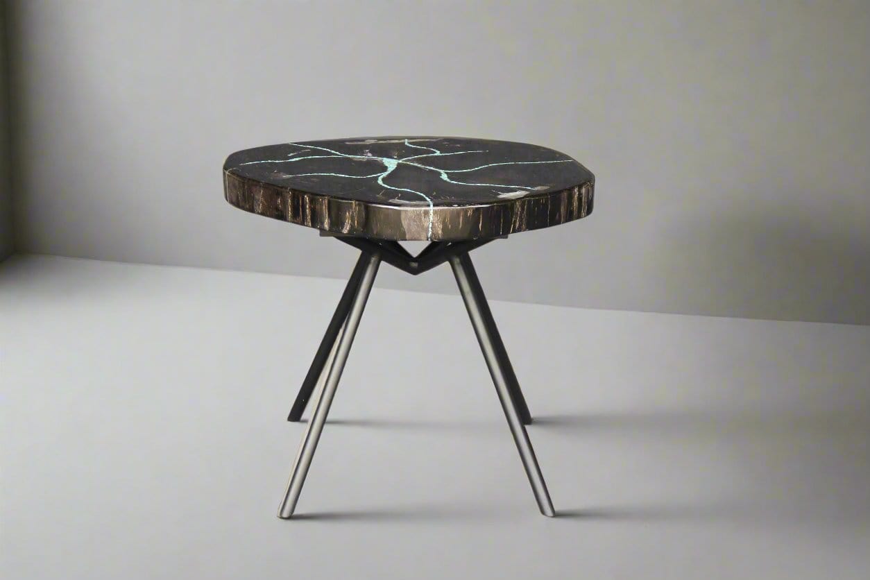 Kalifano Petrified Wood Petrified Wood Round Coffee Howlite Turquoise Inlayed Table 19" / 35 lbs PWTTQ1500.001