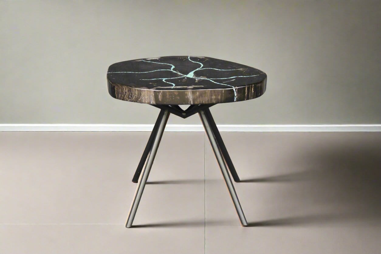Kalifano Petrified Wood Petrified Wood Round Coffee Howlite Turquoise Inlayed Table 19" / 35 lbs PWTTQ1500.001