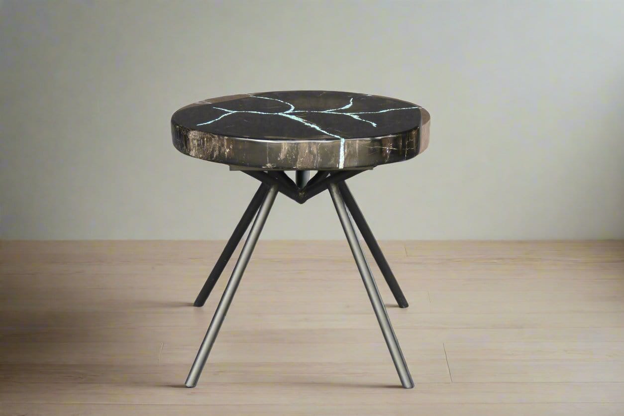 Kalifano Petrified Wood Petrified Wood Round Coffee Howlite Turquoise Inlayed Table 19" / 35 lbs PWTTQ1500.002