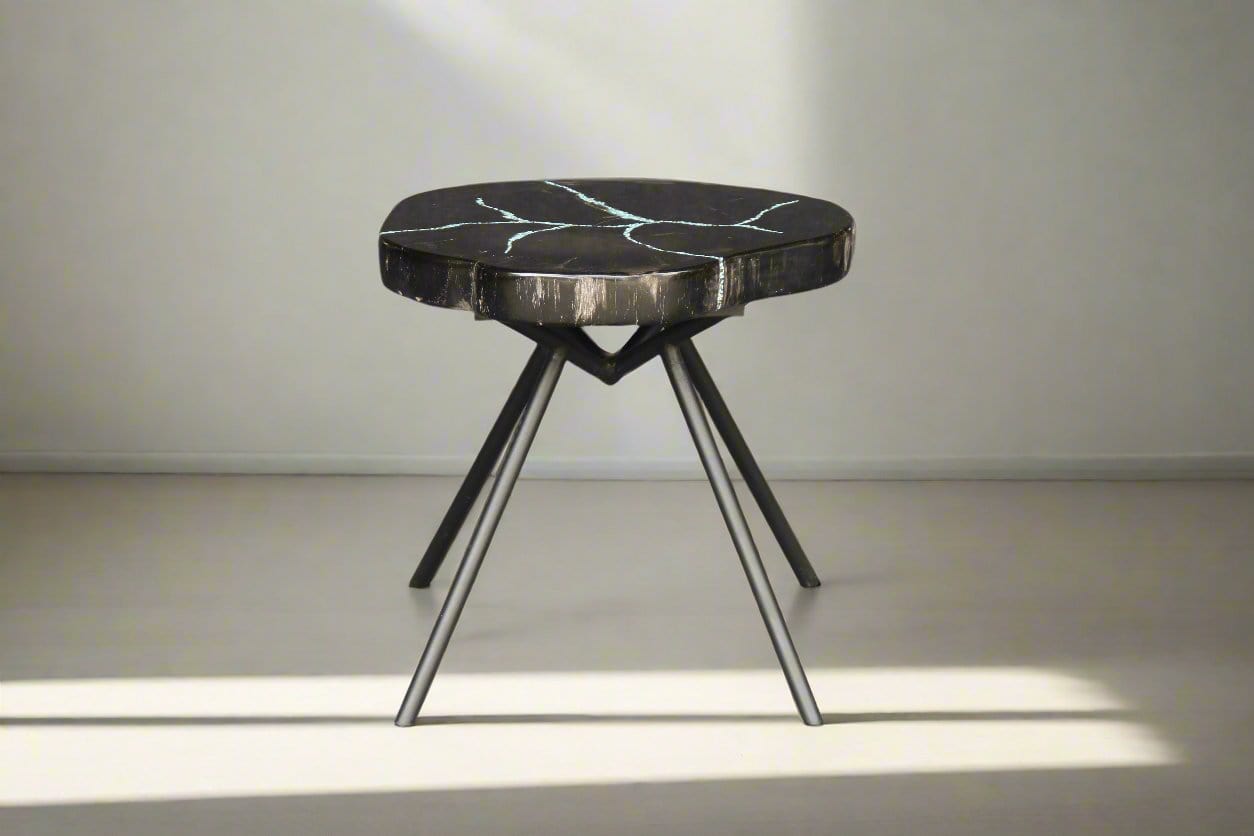 Kalifano Petrified Wood Petrified Wood Round Coffee Howlite Turquoise Inlayed Table 19" / 35 lbs PWTTQ1500.002